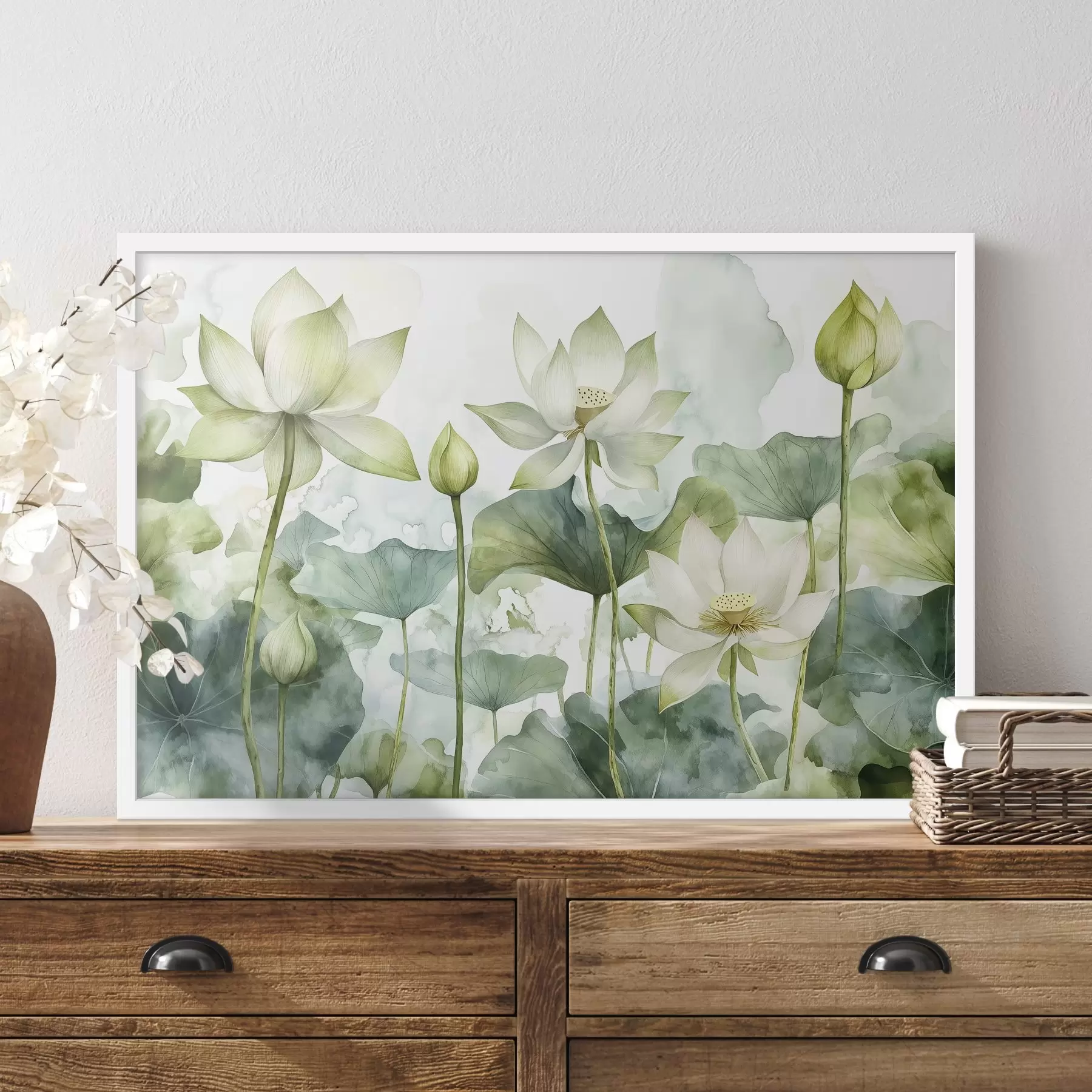 Fototapete Aquarellierte Lotusblumen, üppiges Grün f41226