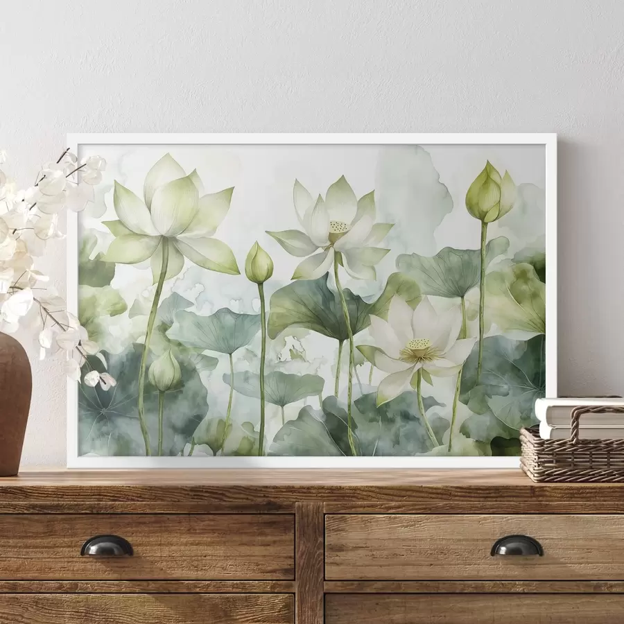 Fototapete Aquarellierte Lotusblumen, üppiges Grün f41226