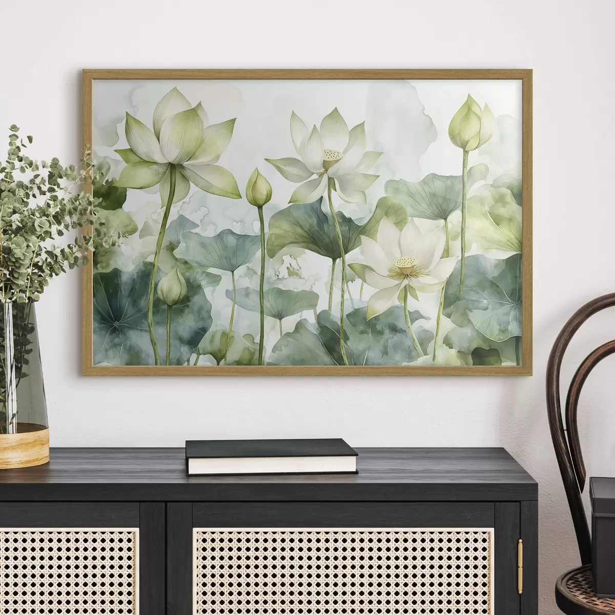 Poster Aquarellierte Lotusblumen, üppiges Grün f41226