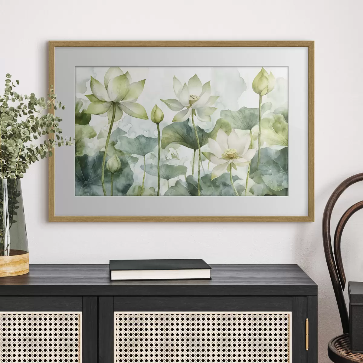 Poster Aquarellierte Lotusblumen, üppiges Grün f41226