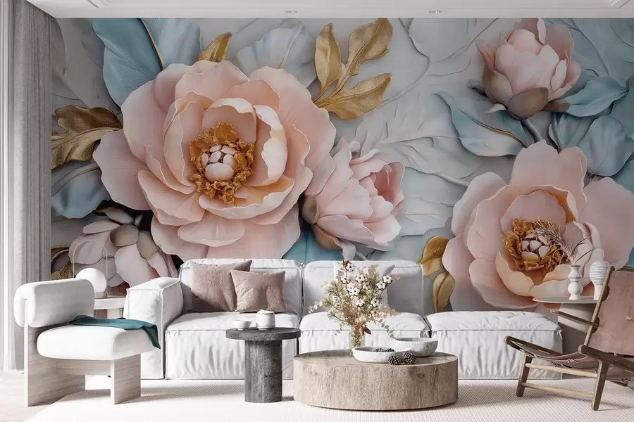 Fototapete Luxuriöse Blütenblätter und rosa Pfingstrosen in Pastellblau- und Rosatönen w01826