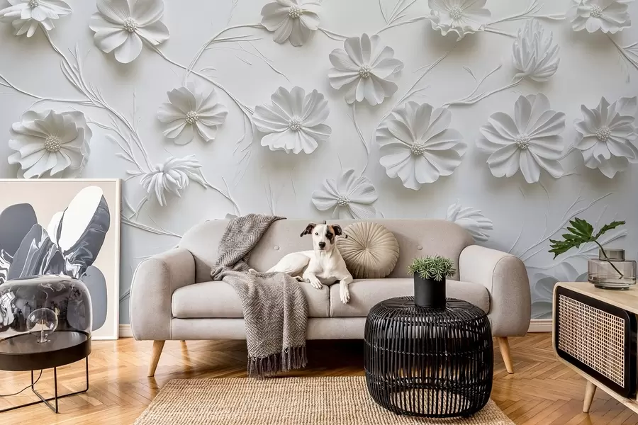Fototapete Weißes Relief Komposition von Blumen in einem minimalistischen und anspruchsvollen Stil w01828
