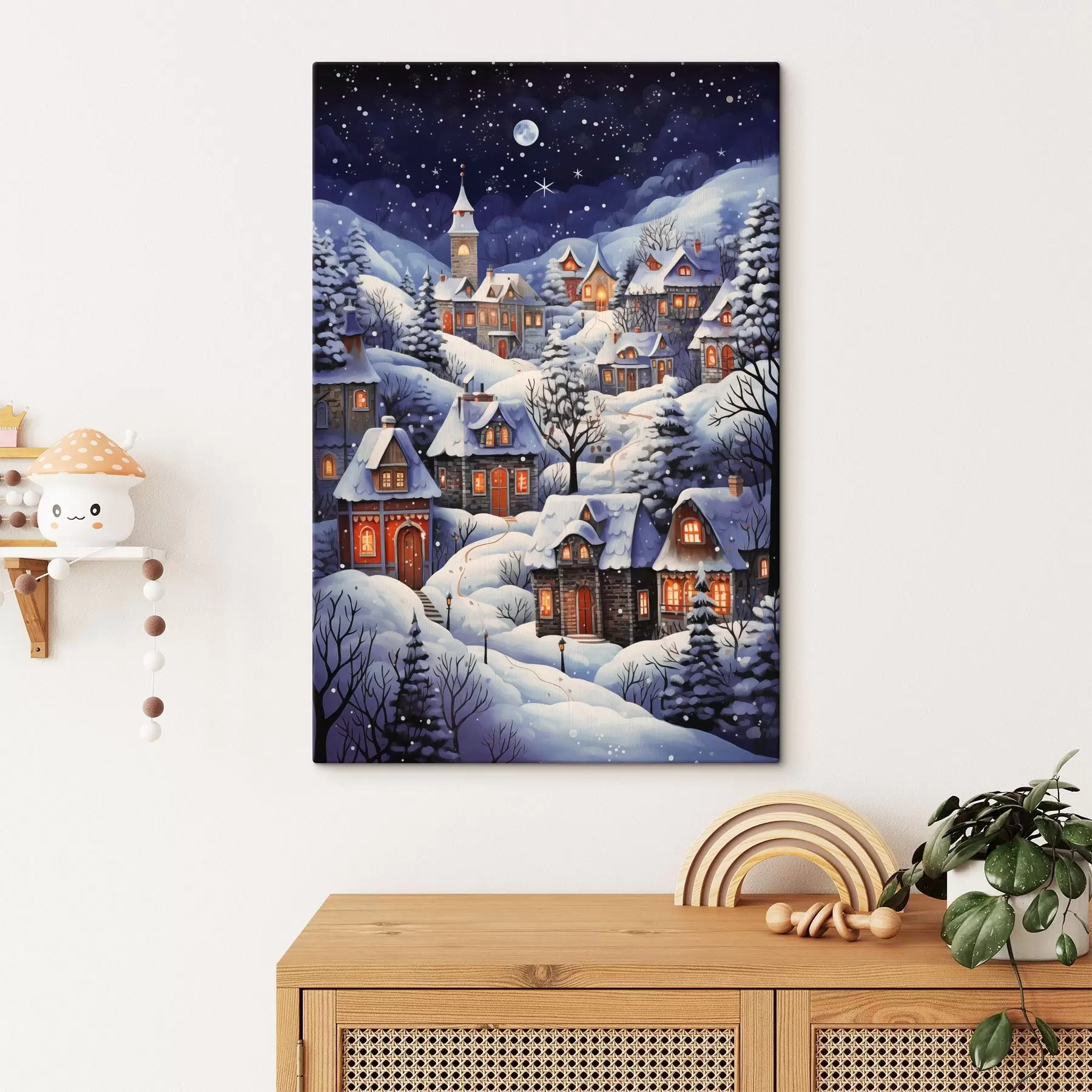 Fototapete Winterlandschaft mit schneebedeckten Häusern auf dem Land vor dem Hintergrund des nächtlichen Sternenhimmels s41275