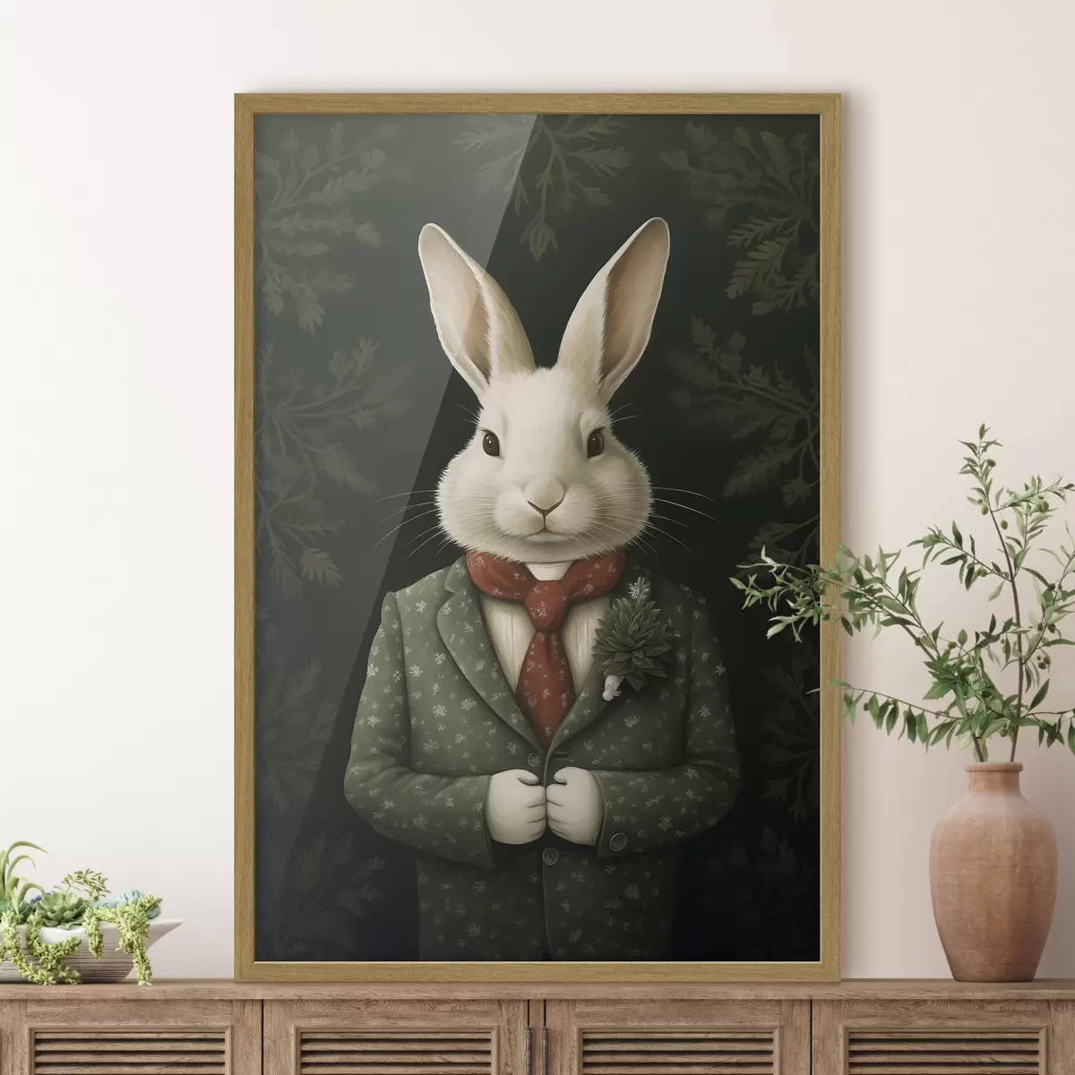 Poster Weißer Hase im grünen Anzug und roter Krawatte Illustration f41278