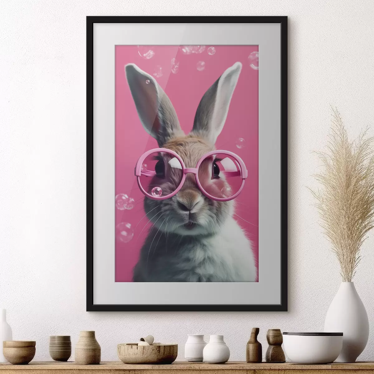 Poster Kaninchen mit rosa Brille auf einem rosa Hintergrund f41280