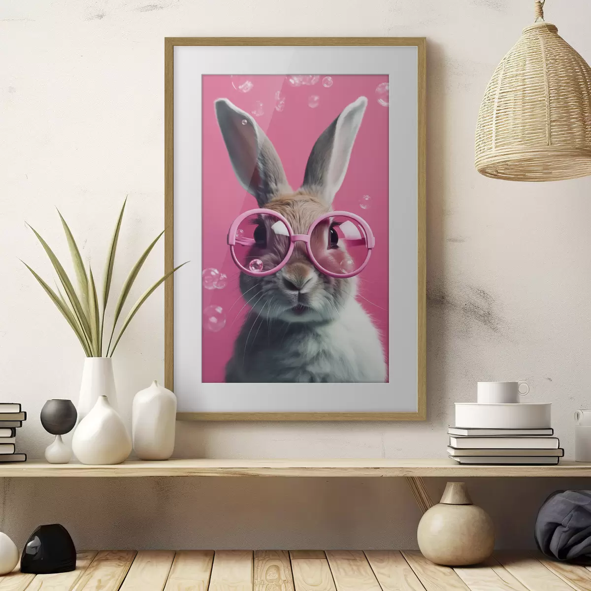 Poster Kaninchen mit rosa Brille auf einem rosa Hintergrund f41280
