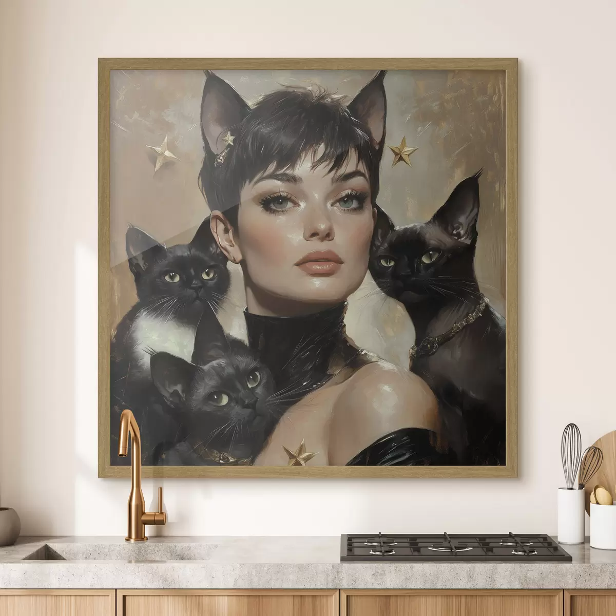 Poster Katzenmädchen mit schwarzen Katzen f41344