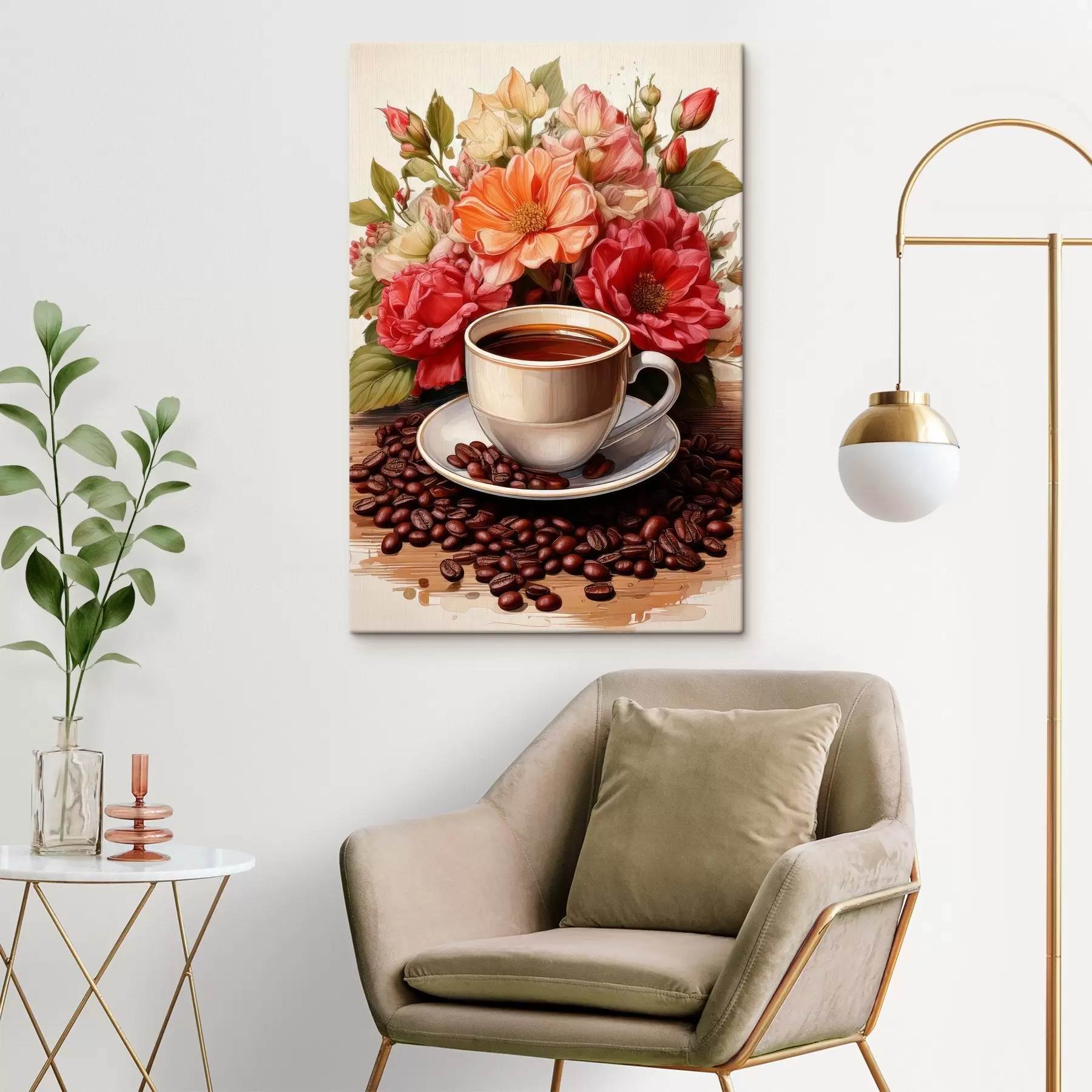 Fototapete eine Tasse Kaffee und einen Blumenstrauß s41411