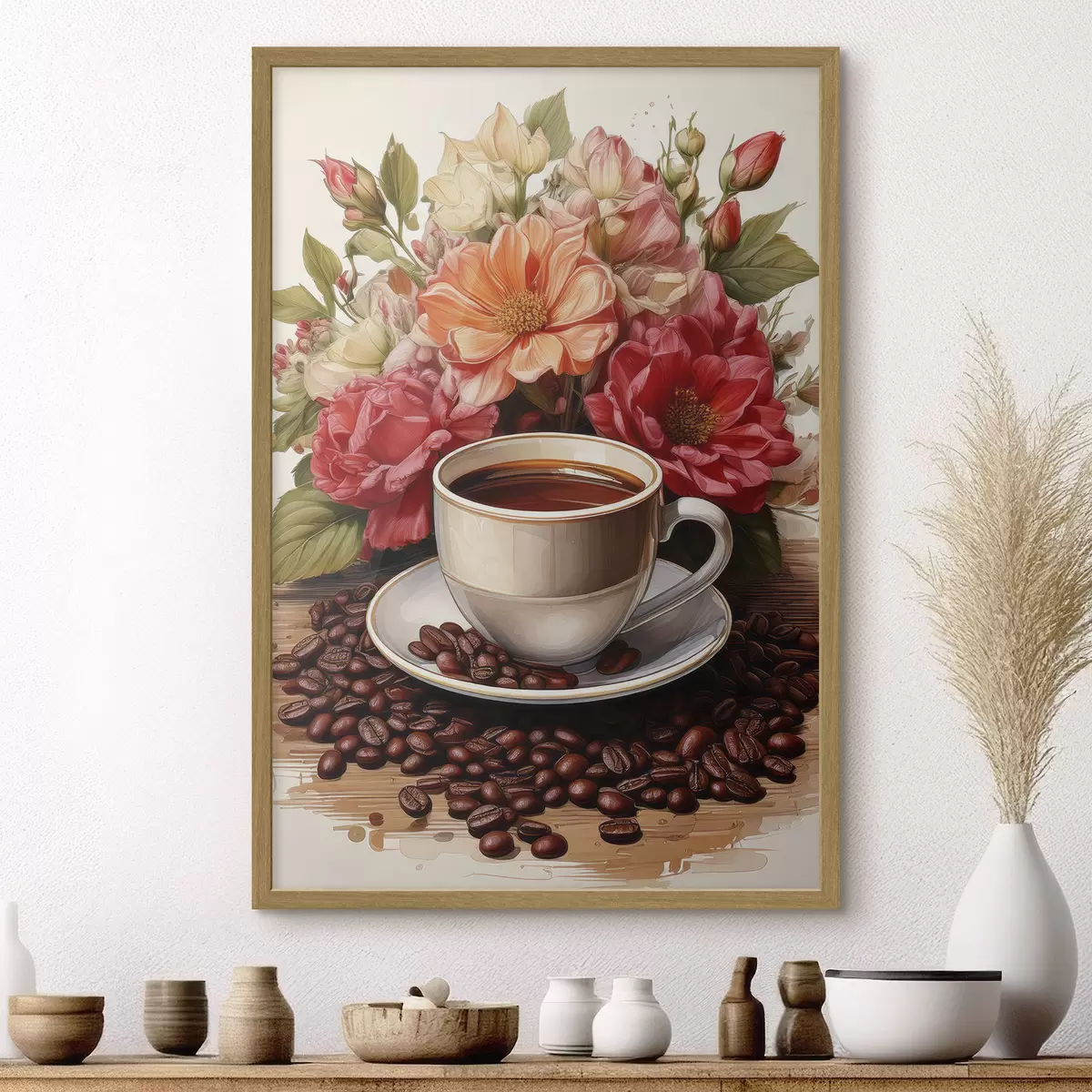 Poster eine Tasse Kaffee und einen Blumenstrauß f41411