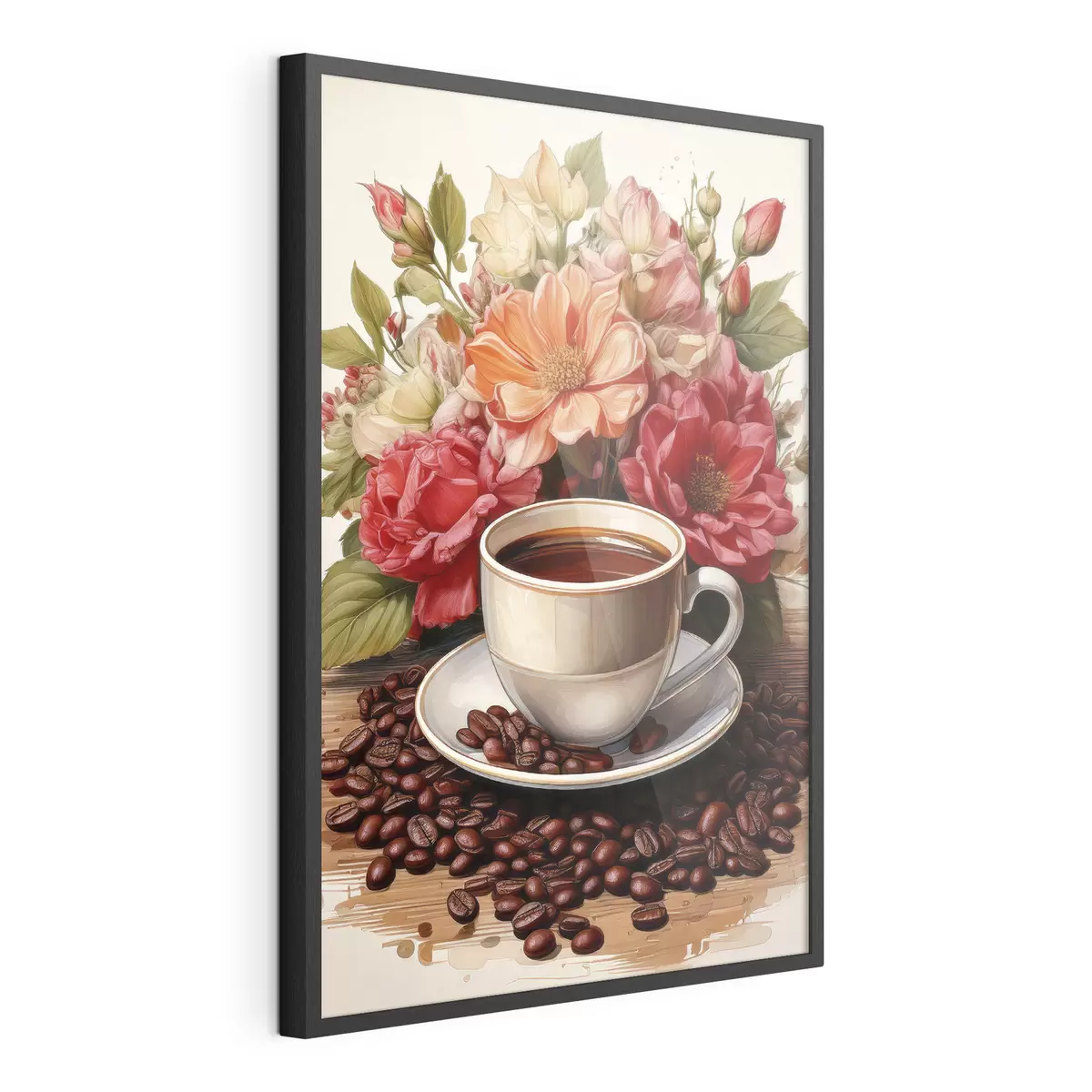 Poster eine Tasse Kaffee und einen Blumenstrauß f41411