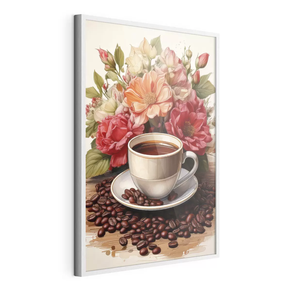 Poster eine Tasse Kaffee und einen Blumenstrauß f41411