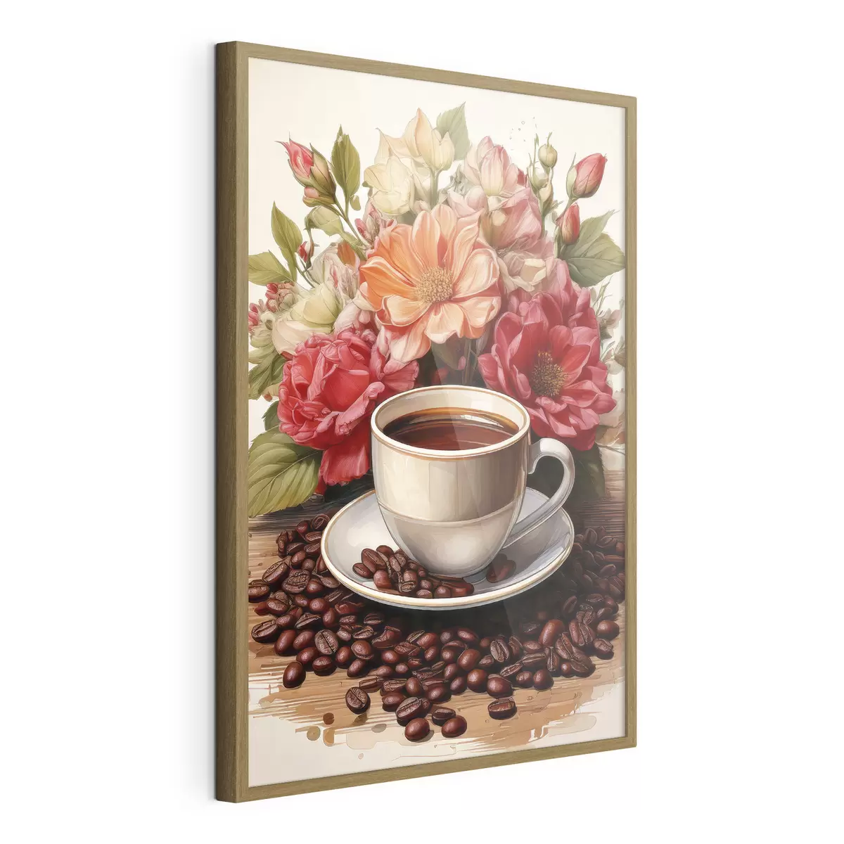 Poster eine Tasse Kaffee und einen Blumenstrauß f41411