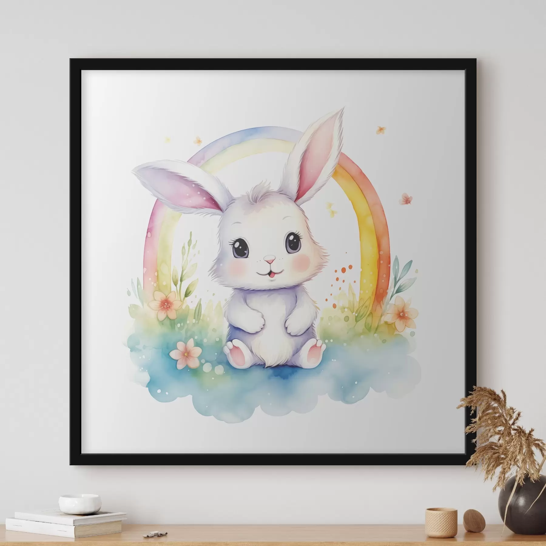 Fototapete Niedlicher Hase unter einem Regenbogen f38940