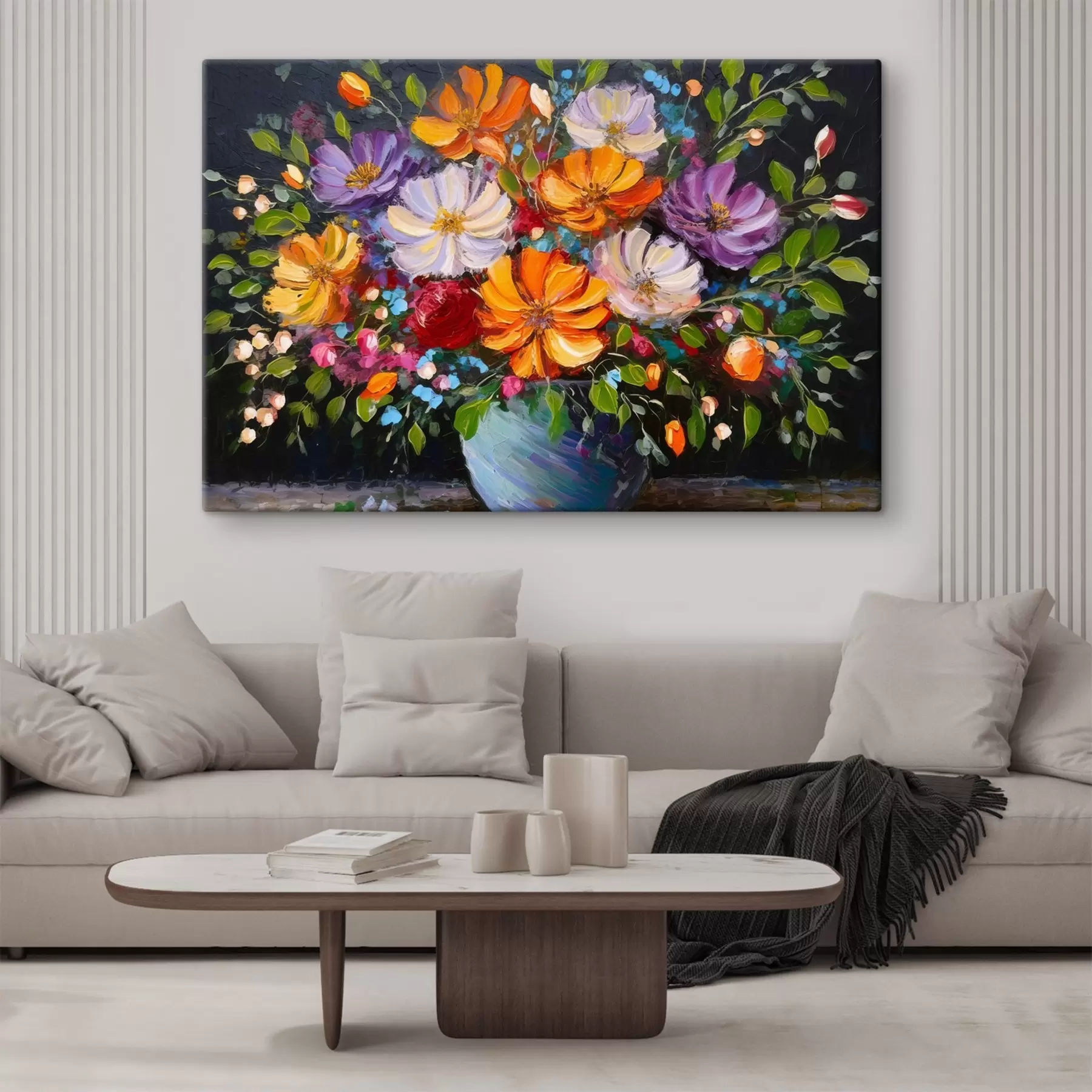 Fototapete Gemälde mit Blumen in einer blauen Vase s38658