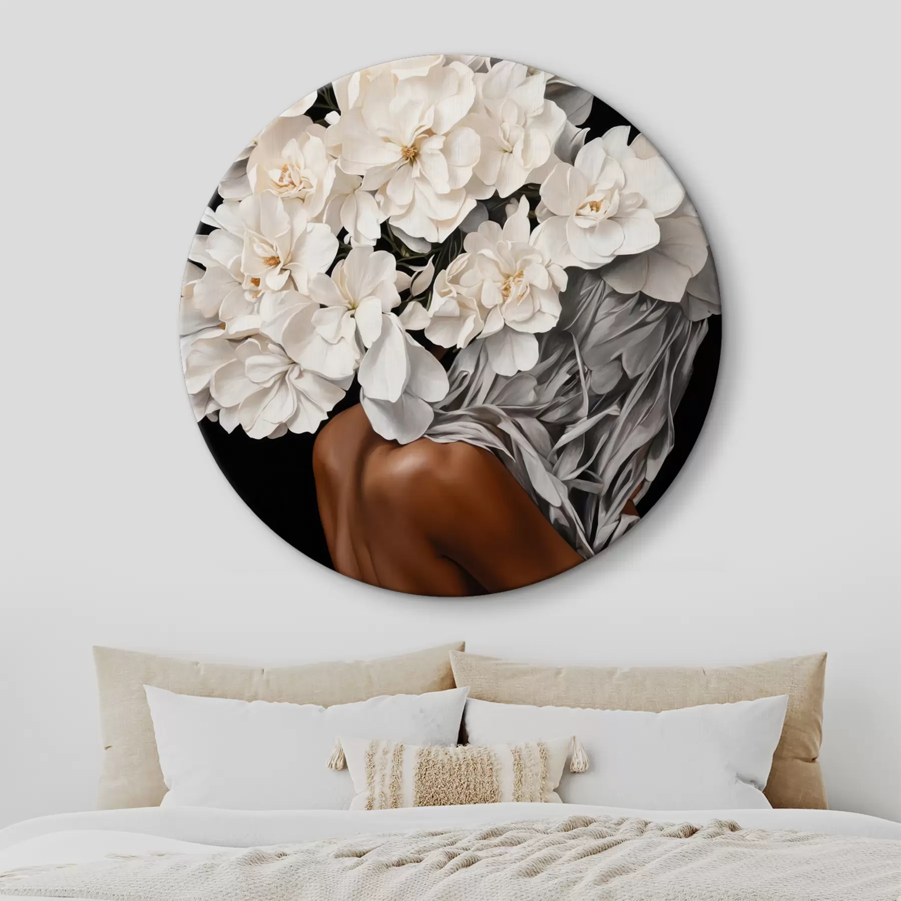 Fototapete Frau mit weißen Blumen auf schwarzem Hintergrund r37163