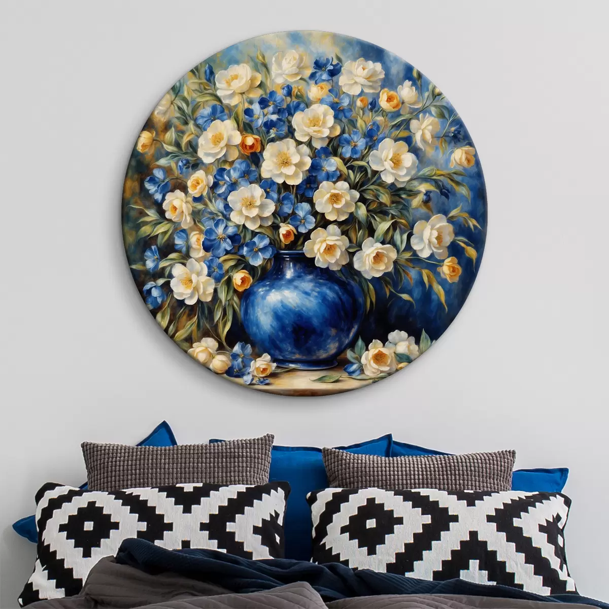 Runde Wandbilder Blaue Vase mit einem großen Strauß aus weißen und blauen Blumen r37435