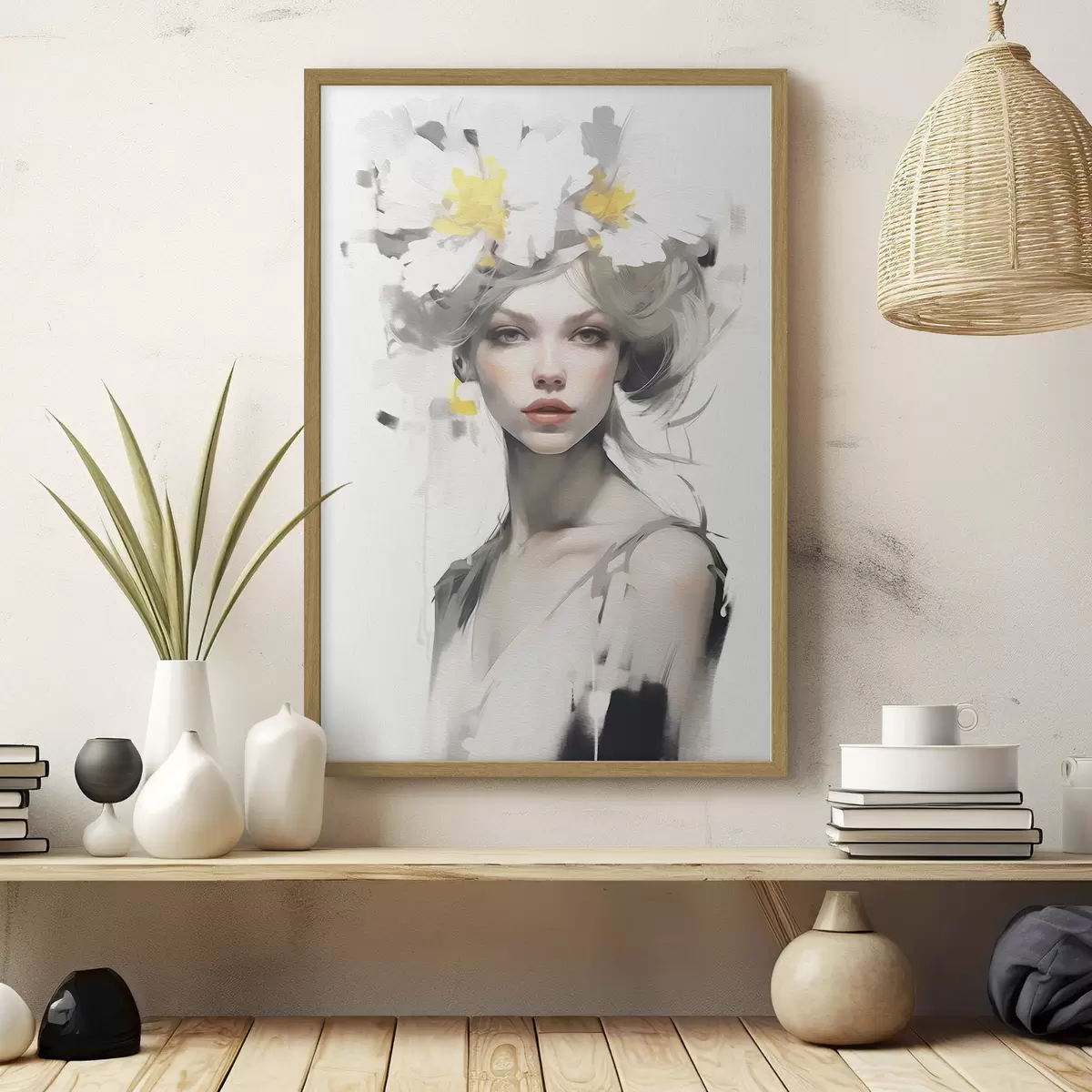 Poster Modell mit Blumen auf dem Kopf f41322