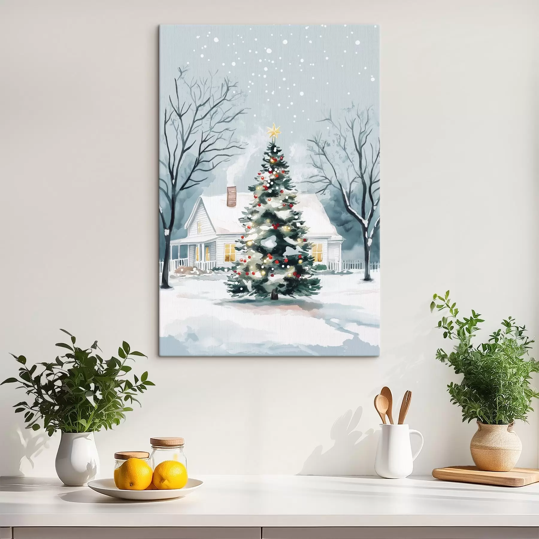 Fototapete Winterstadt, geschmückter Tannenbaum, Weihnachten, Aquarell s41364