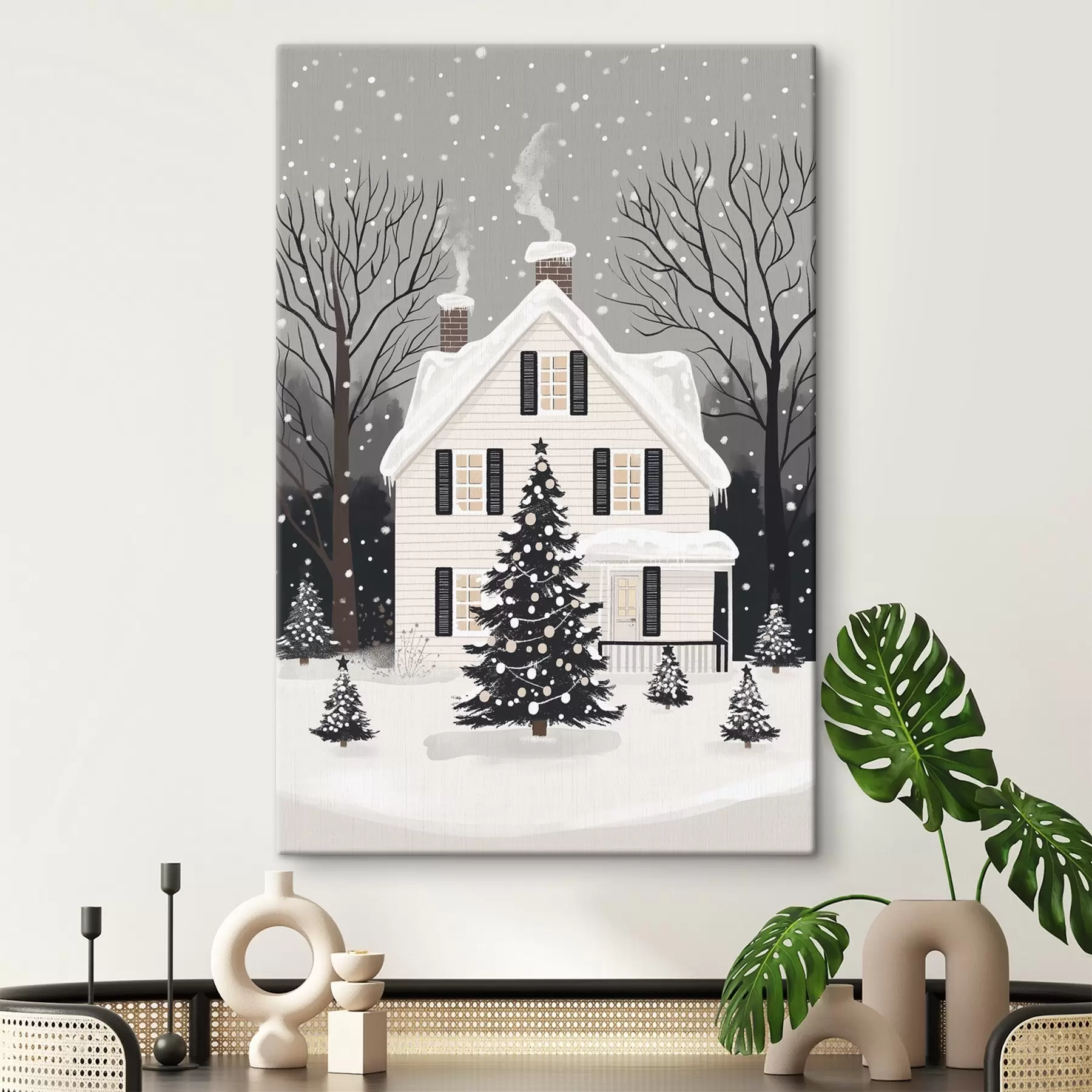 Fototapete Winterstadt, geschmückter Tannenbaum, Weihnachten, Wald, schönes Haus s41371
