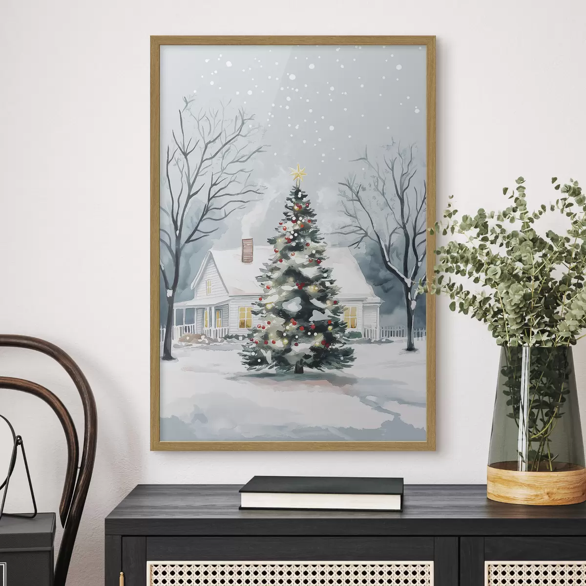 Poster Winterstadt, geschmückter Tannenbaum, Weihnachten, Aquarell f41364