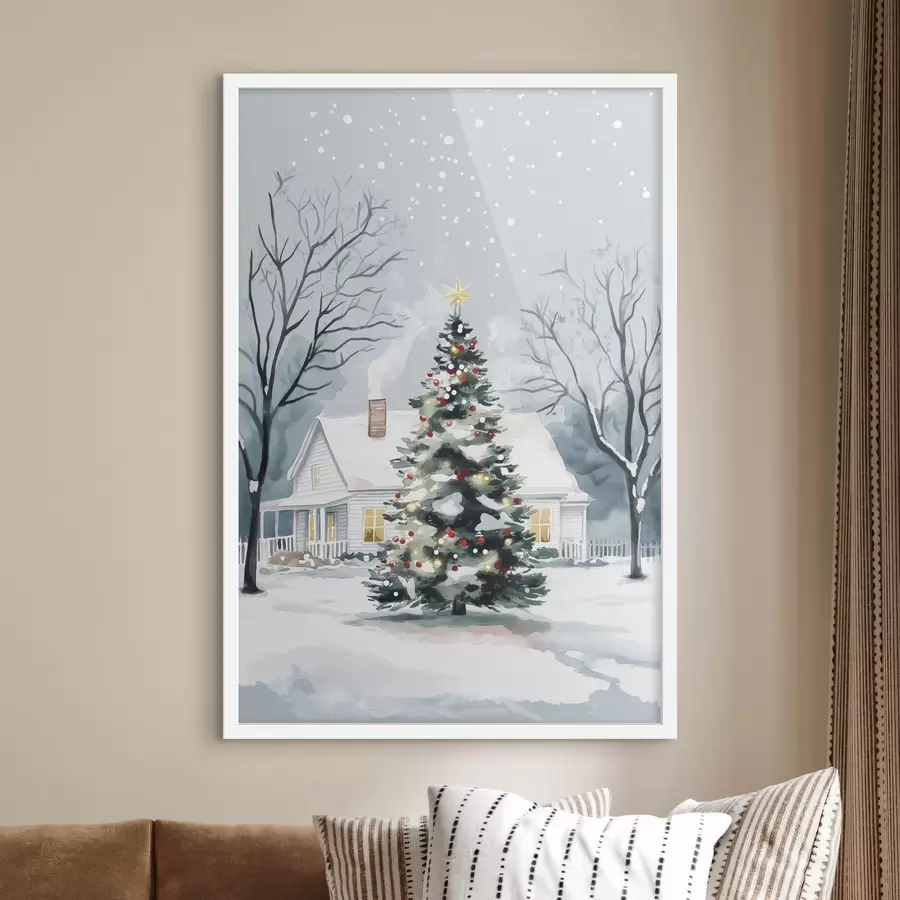 Fototapete Winterstadt, geschmückter Tannenbaum, Weihnachten, Aquarell f41364