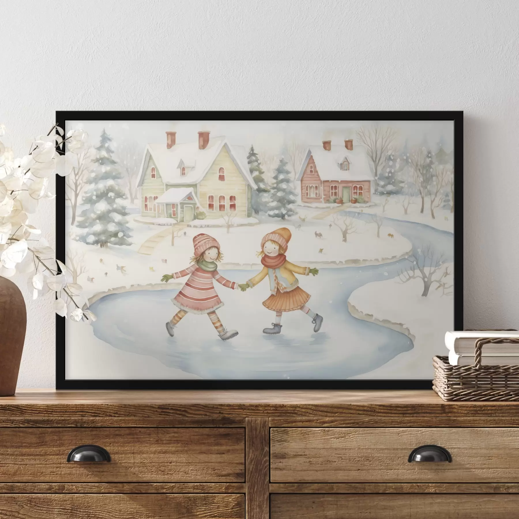 Fototapete Winterszene mit zwei Mädchen beim Schlittschuhlaufen, Winterstadt, Häuser, Wald f41377