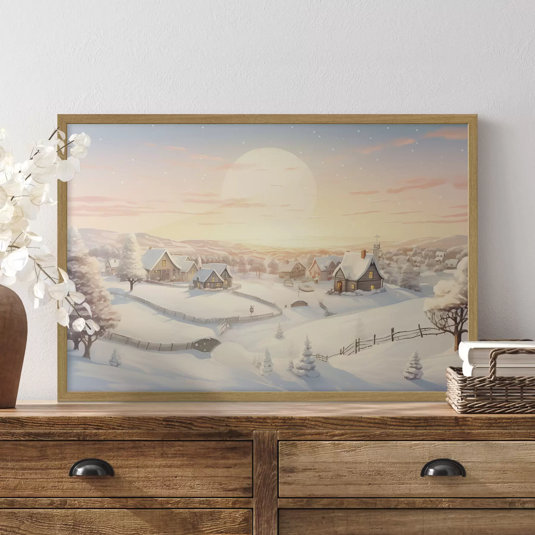 Fototapete Winterdorf im Sonnenuntergang, schneebedeckte Häuser, Tannenbäume f41380
