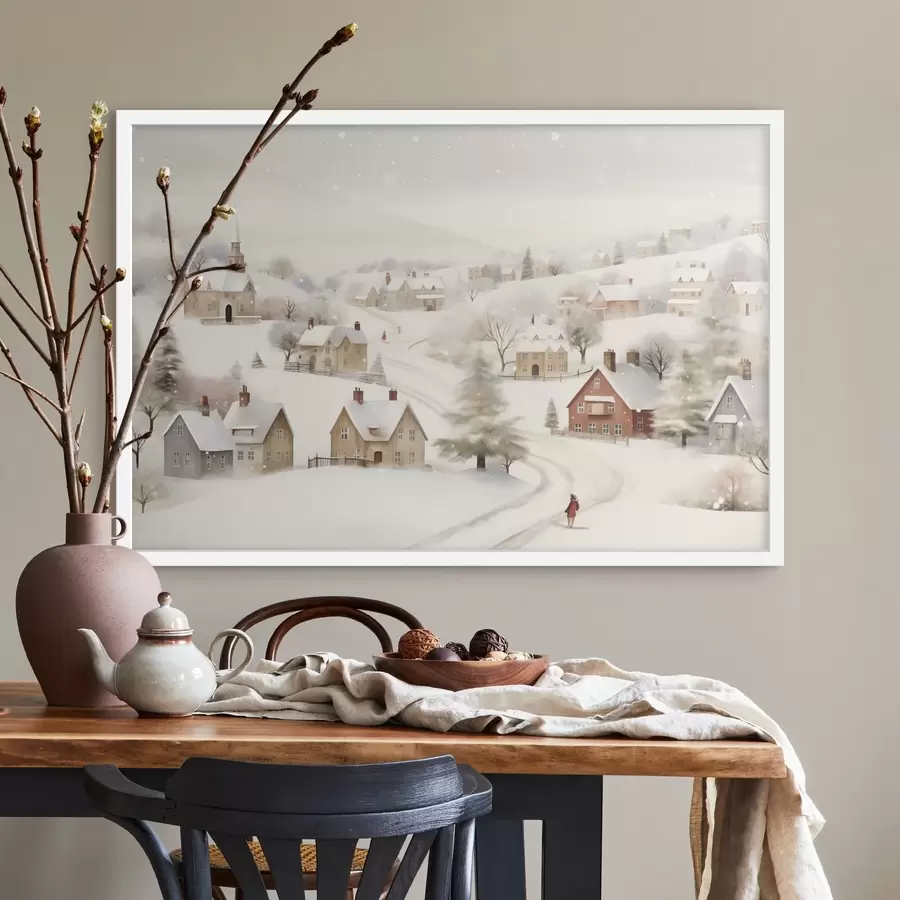 Fototapete Winterdorf, Aquarell, Schneeflocken, weiche Farben, Bäume, Landschaft f41381