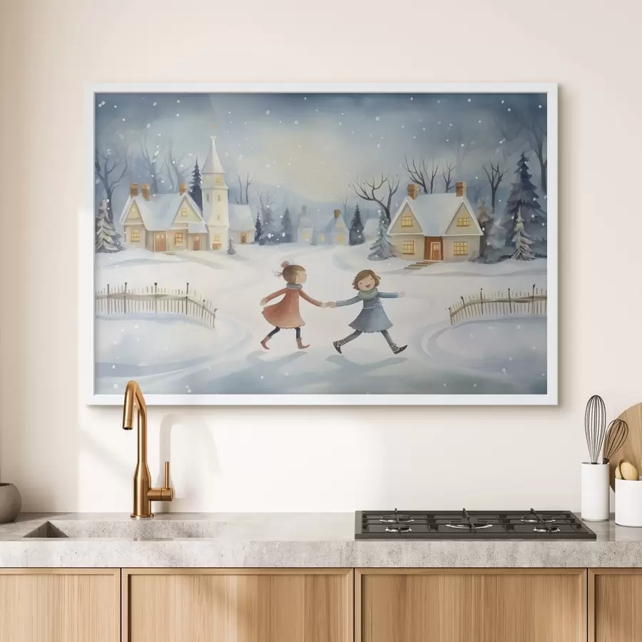 Fototapete Mädchen im Winterdorf, Schneeflocken, Aquarell, Häuser, Wald f41385