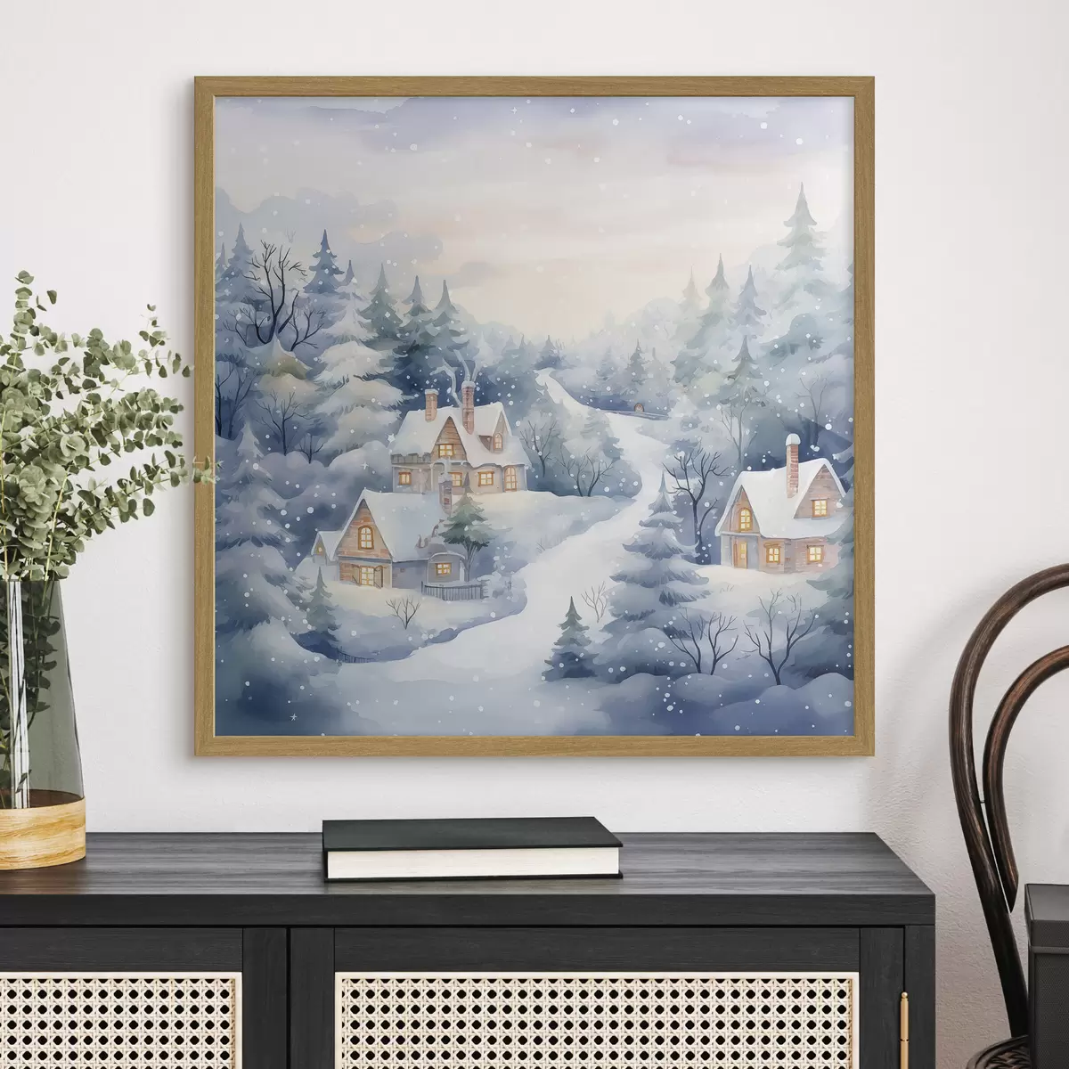 Poster Aquarell Winterlandschaft, Kiefernwald, Häuser f41387