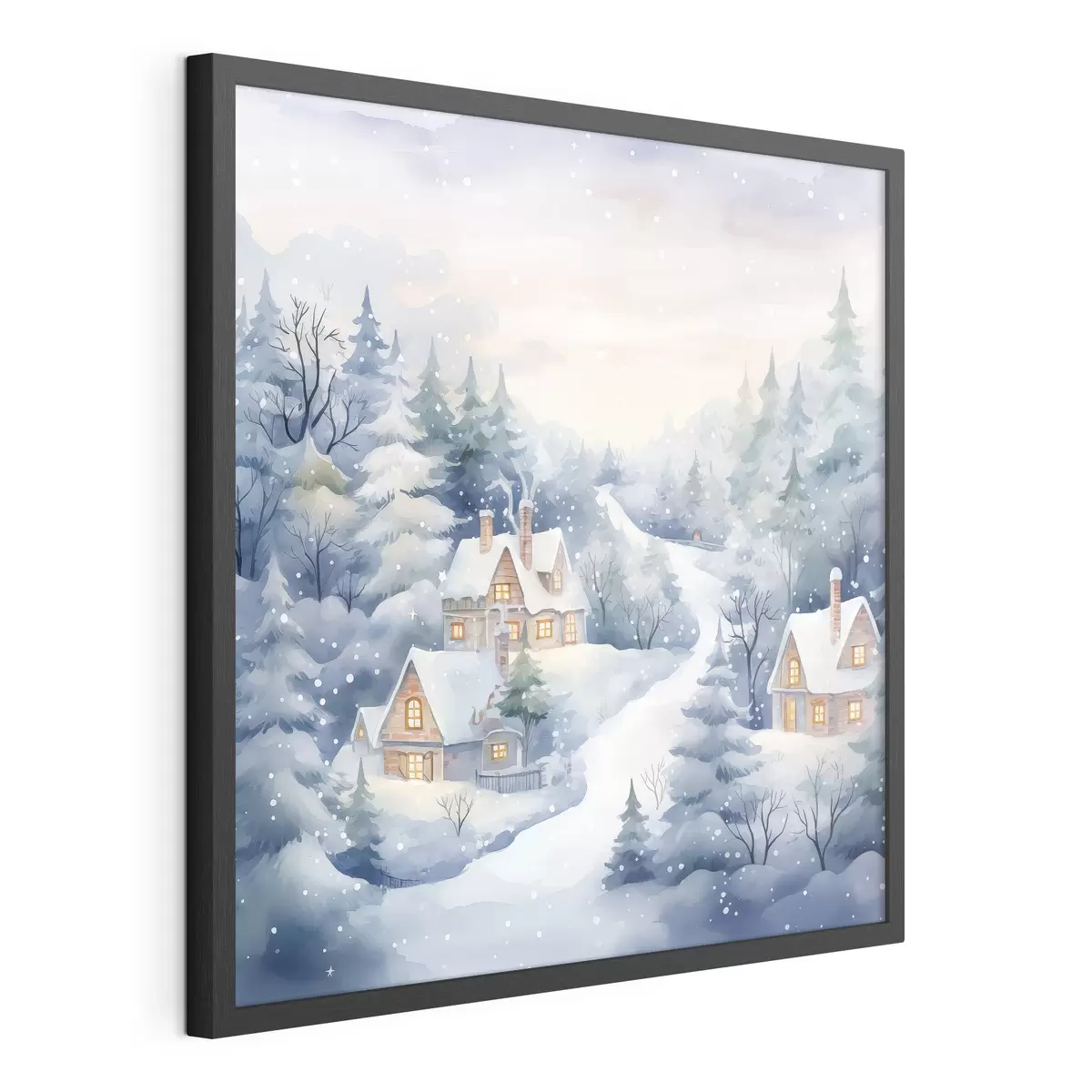 Poster Aquarell Winterlandschaft, Kiefernwald, Häuser f41387