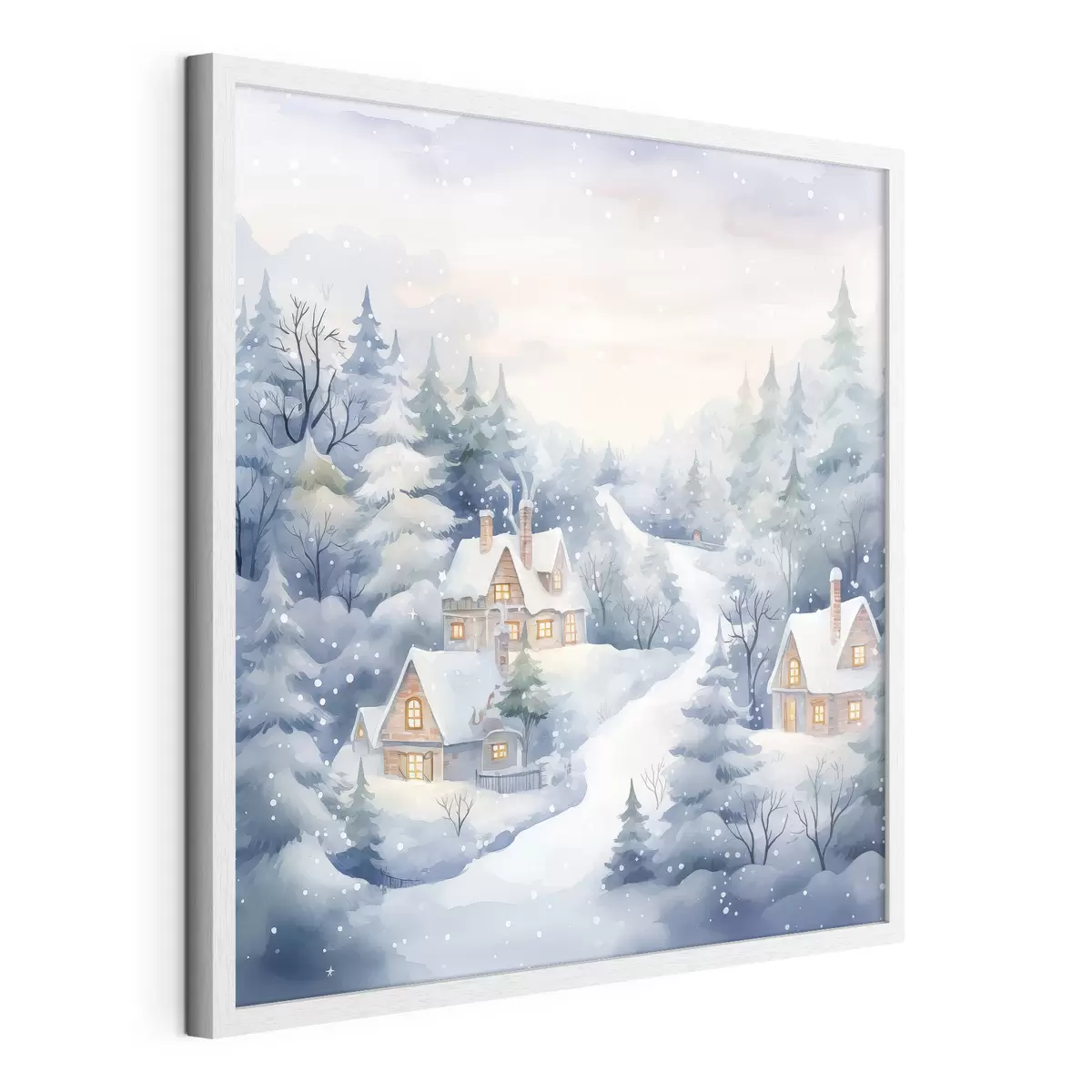 Poster Aquarell Winterlandschaft, Kiefernwald, Häuser f41387