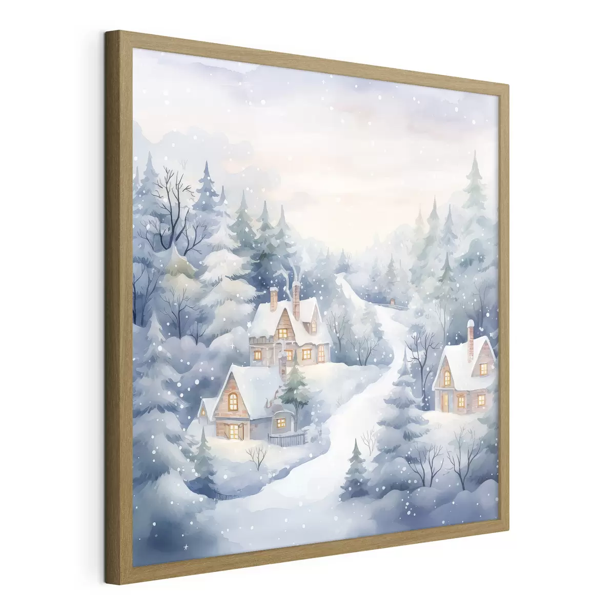 Poster Aquarell Winterlandschaft, Kiefernwald, Häuser f41387