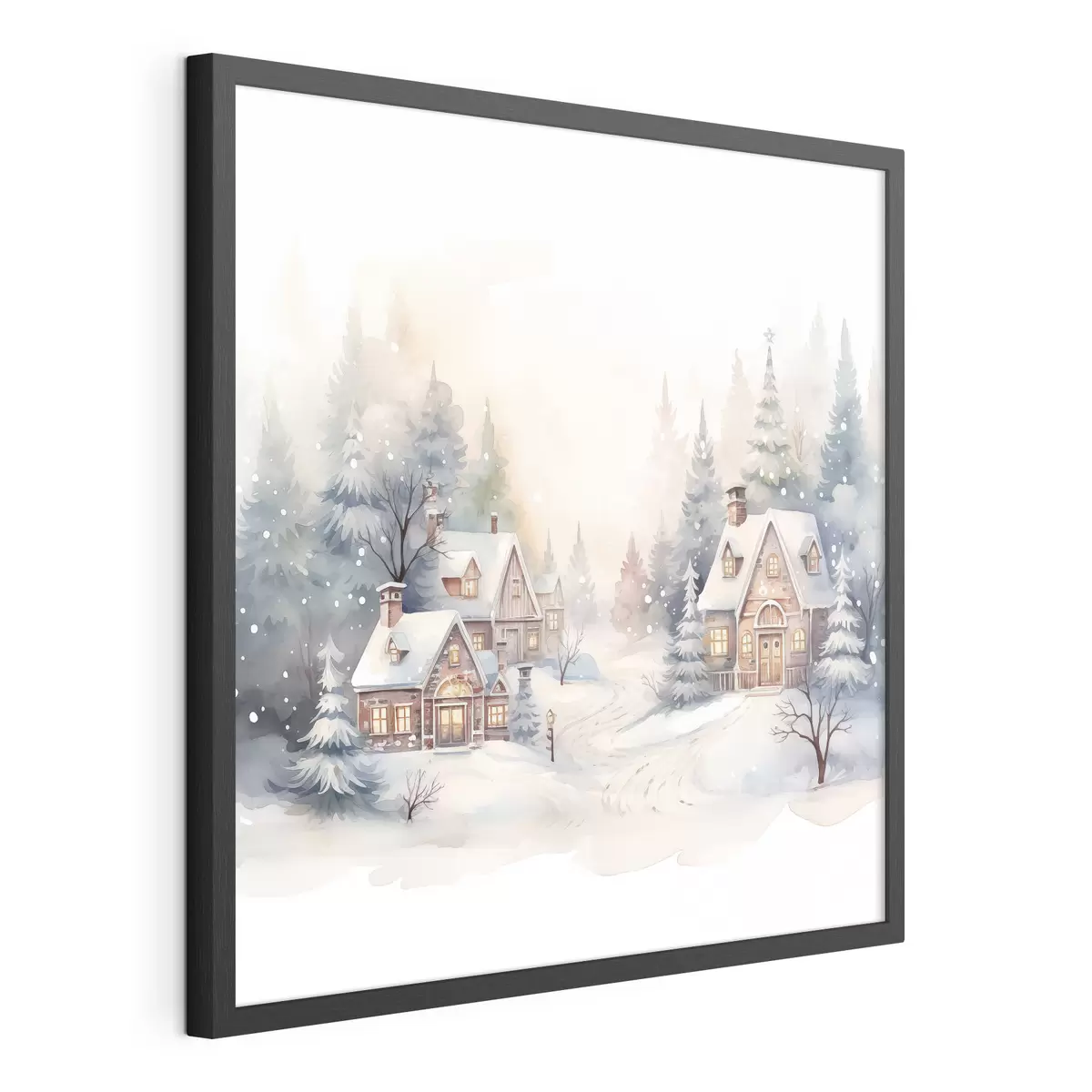 Poster Winterlandschaft, Kiefernwald, schöne Häuser, Aquarell, Susnet f41390