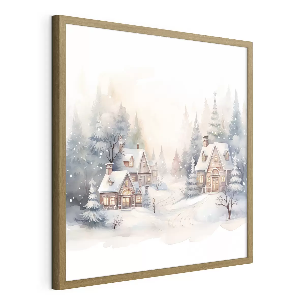 Poster Winterlandschaft, Kiefernwald, schöne Häuser, Aquarell, Susnet f41390