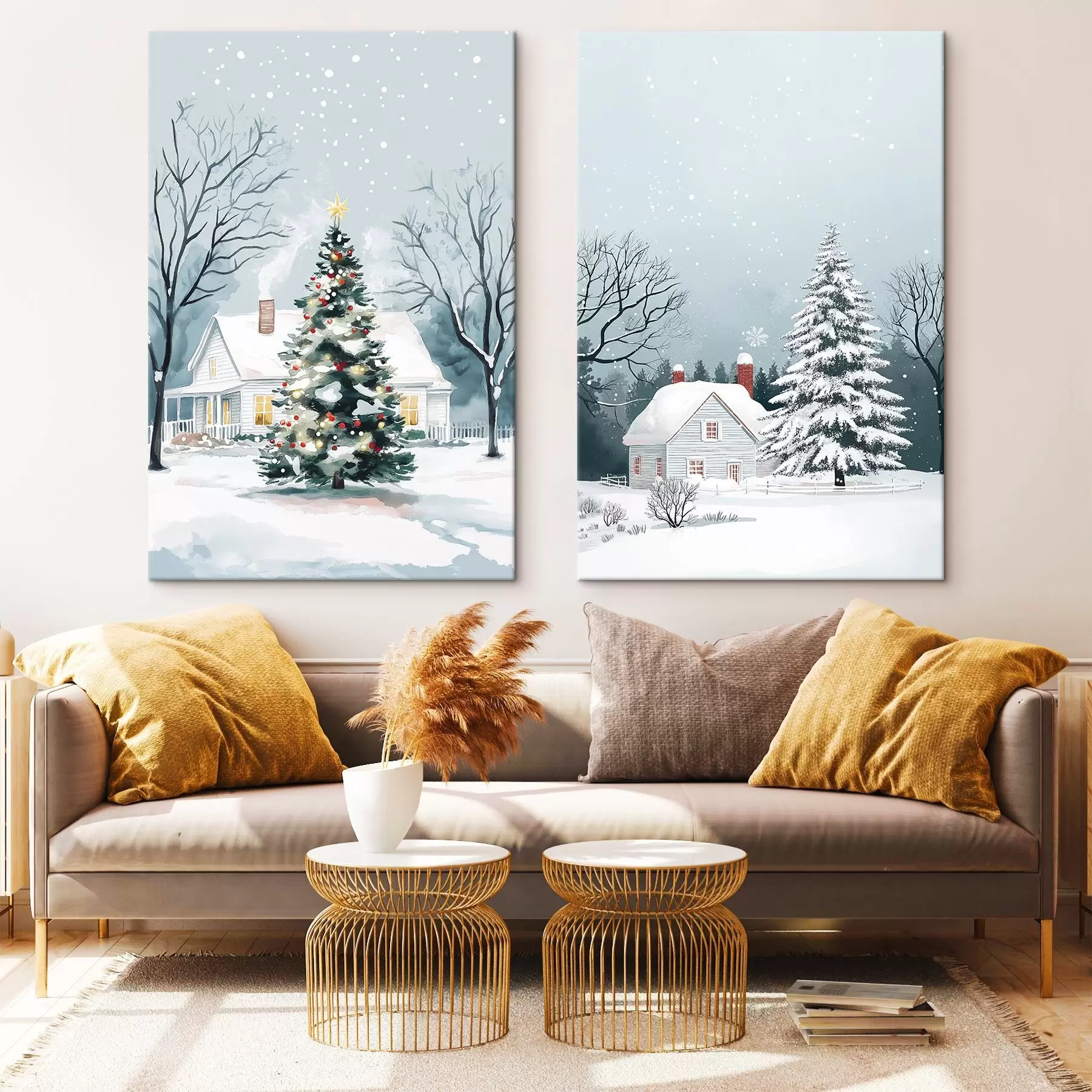 Fototapete Winterstadt, Tannenbäume, Weihnachten, Wald, Schneeflocken, schöne Häuser m00372