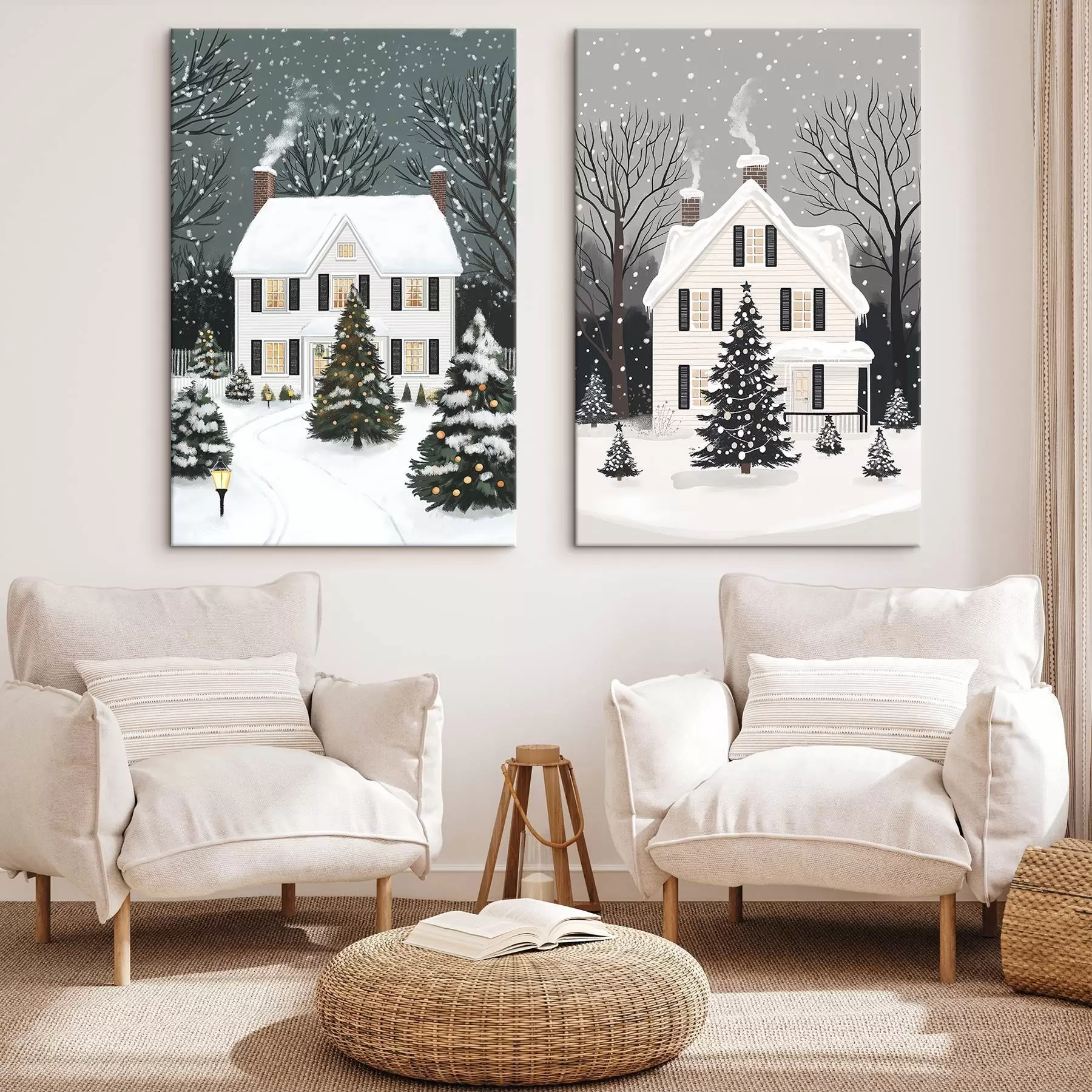 Fototapete Winterwunderland, Häuser, Kiefern, rustikal, schöne Landschaft, Wald m00374