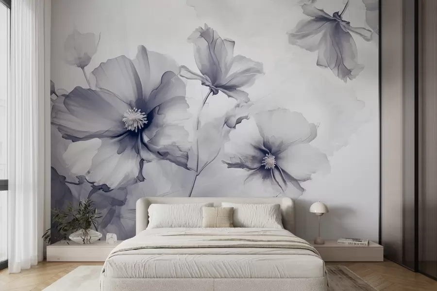 Fototapete Luftig durchscheinende blaue Blüten, die sich im Morgenlicht auflösen w01938v2