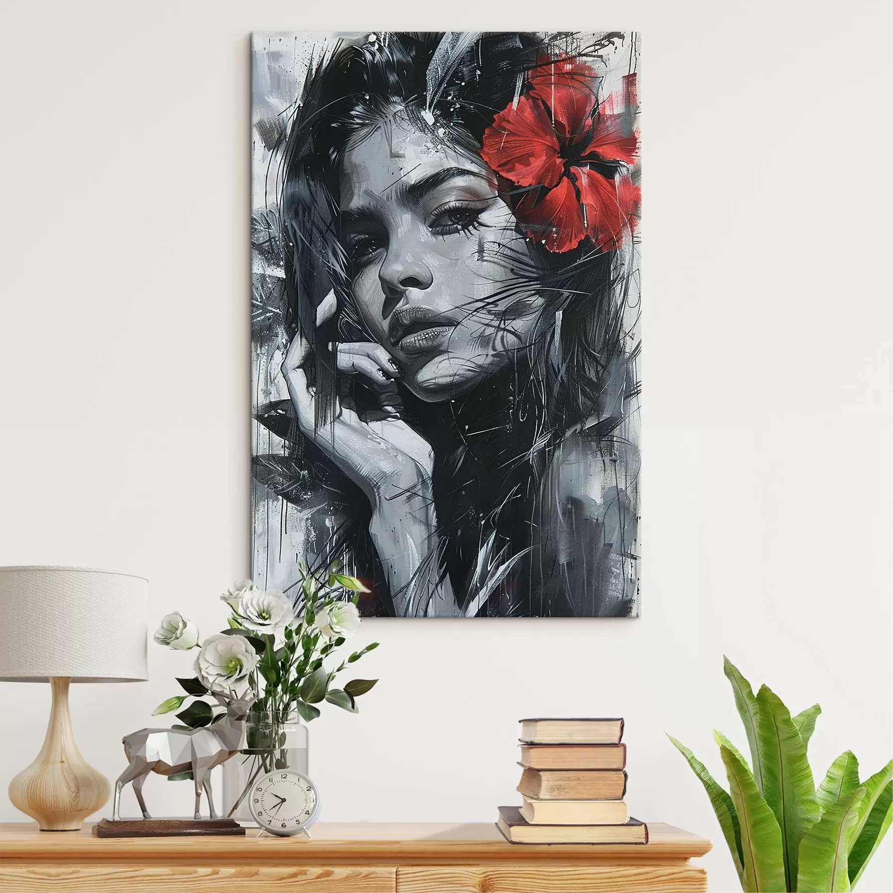 Fototapete Schwarzes und weißes Mädchen mit einer roten Blume im Haar s41414