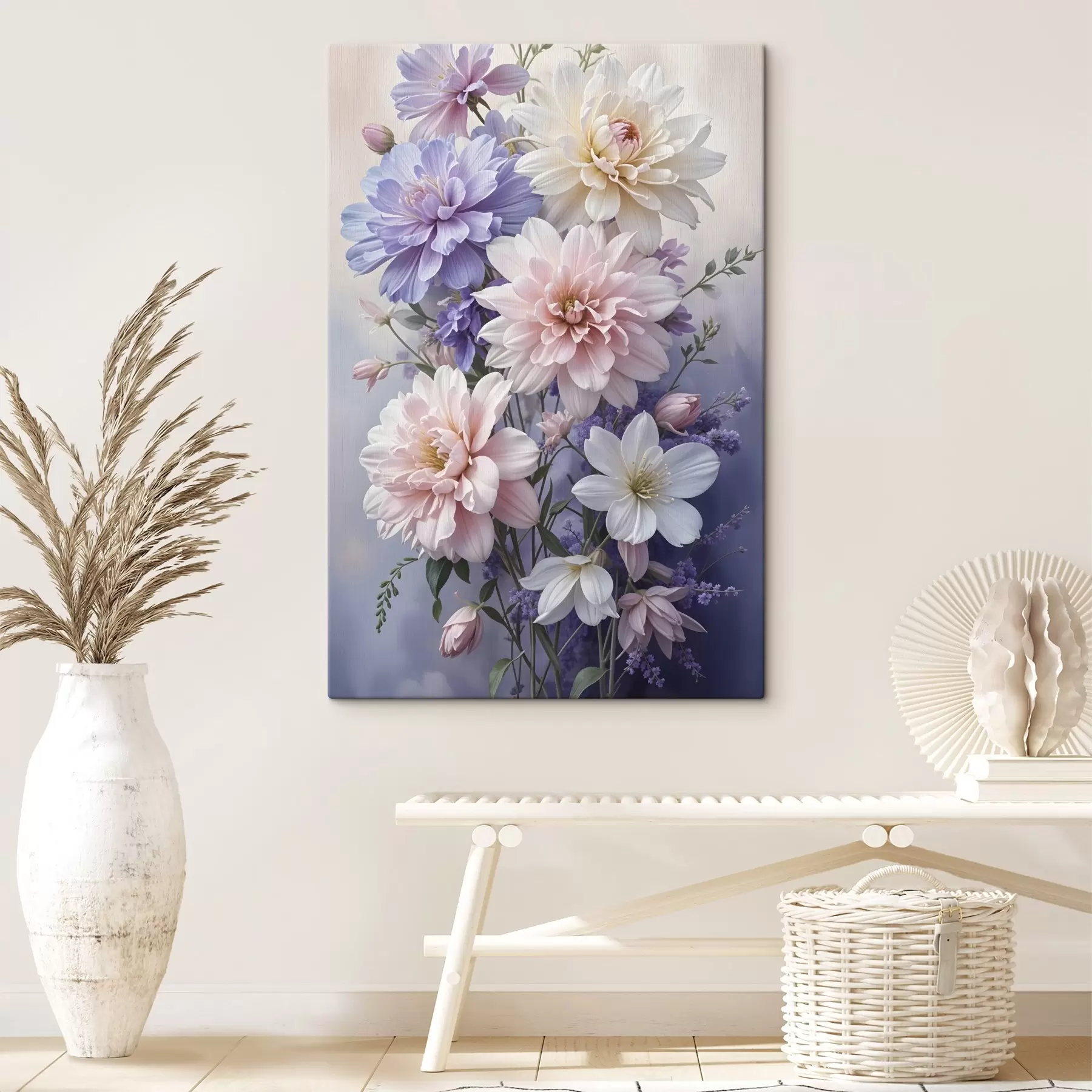 Fototapete Ein Strauß großer, leuchtender Dahlienblüten in rosa, lavendelfarbenen und weißen Tönen vor einem weichen, unscharfen Hintergrund s41247