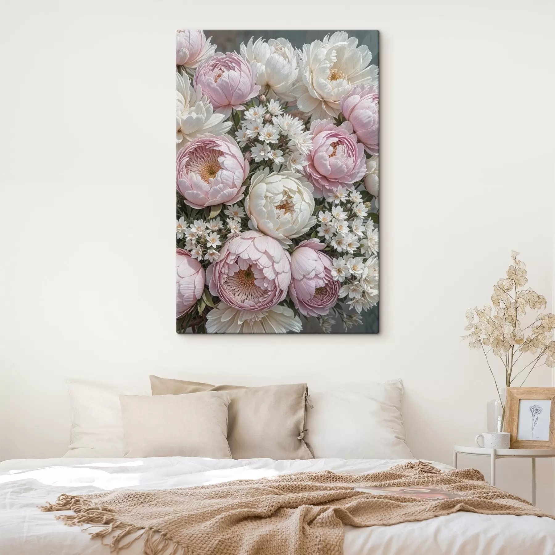 Fototapete Ein Strauß aus pastellrosa Pfingstrosen und weißen Gänseblümchen, arrangiert in einer schönen Blumenkomposition s41255