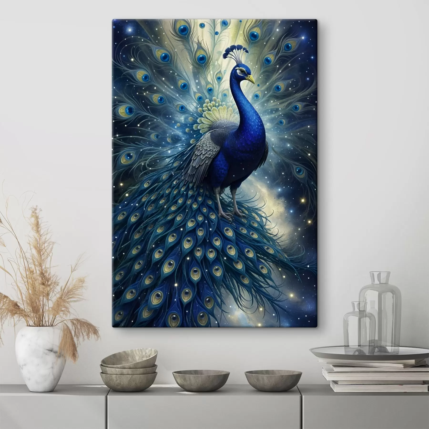 Fototapete Ein leuchtender und majestätischer Pfau vor einem nächtlichen Sternenhimmel, der eine magische und ätherische Atmosphäre schafft s41256