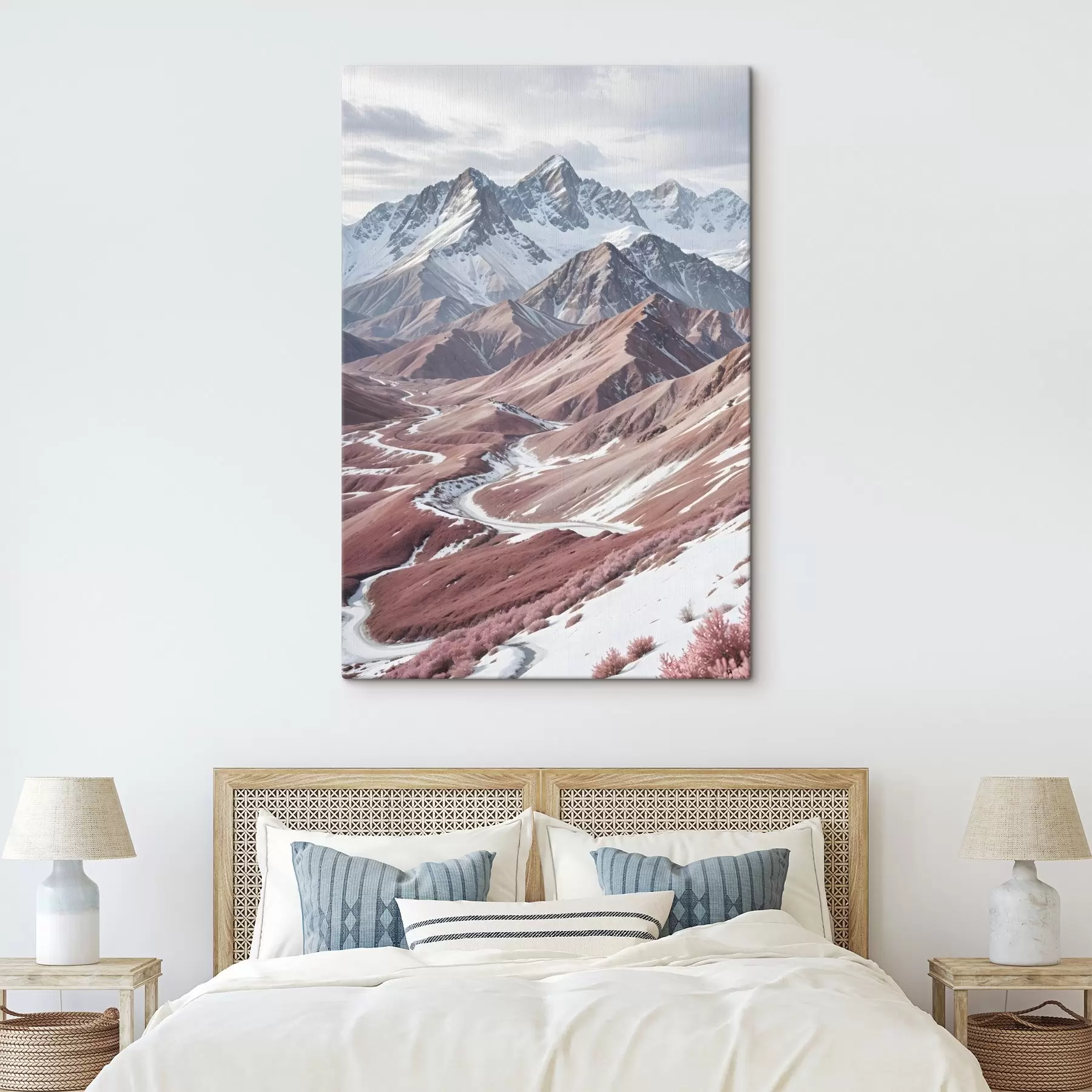 Fototapete Schroffe, schneebedeckte Berge mit einem sich windenden Fluss, der durch eine weite, farbenfrohe Landschaft fließt s41262