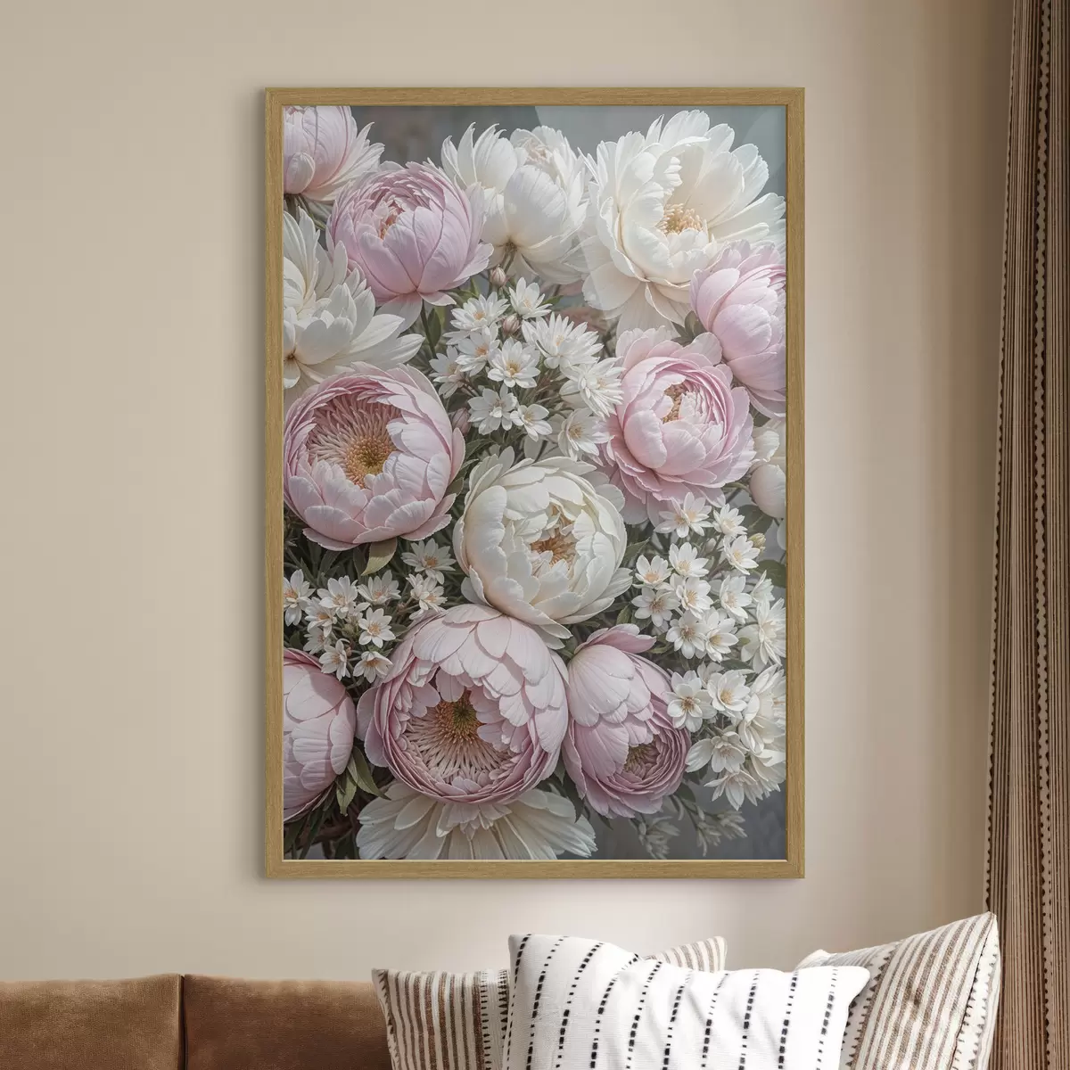 Poster Ein Strauß aus pastellrosa Pfingstrosen und weißen Gänseblümchen, arrangiert in einer schönen Blumenkomposition f41255