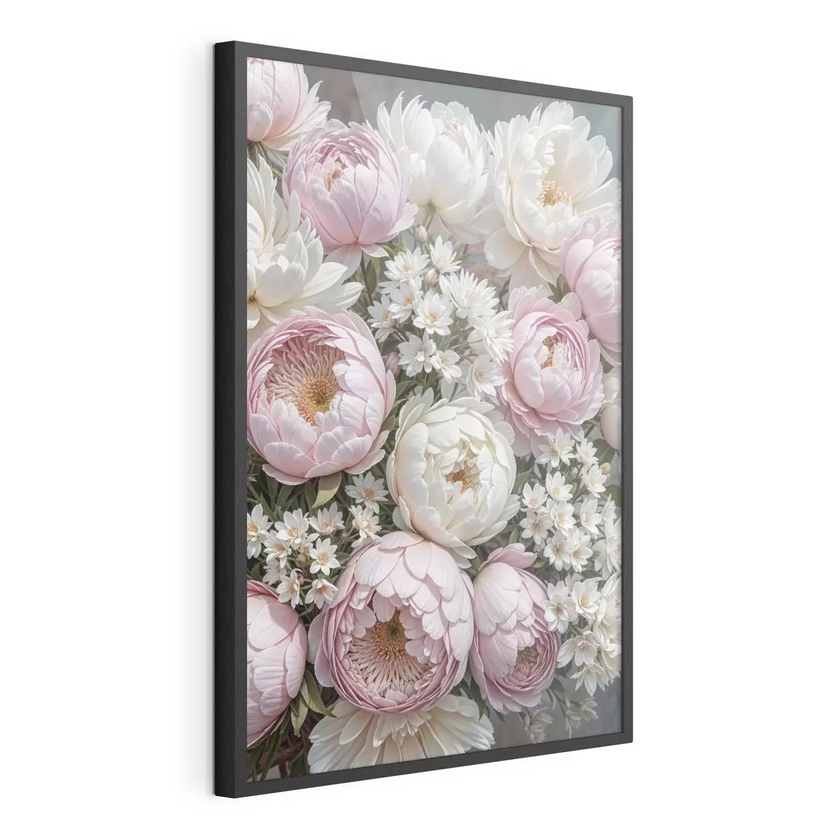 Poster Ein Strauß aus pastellrosa Pfingstrosen und weißen Gänseblümchen, arrangiert in einer schönen Blumenkomposition f41255