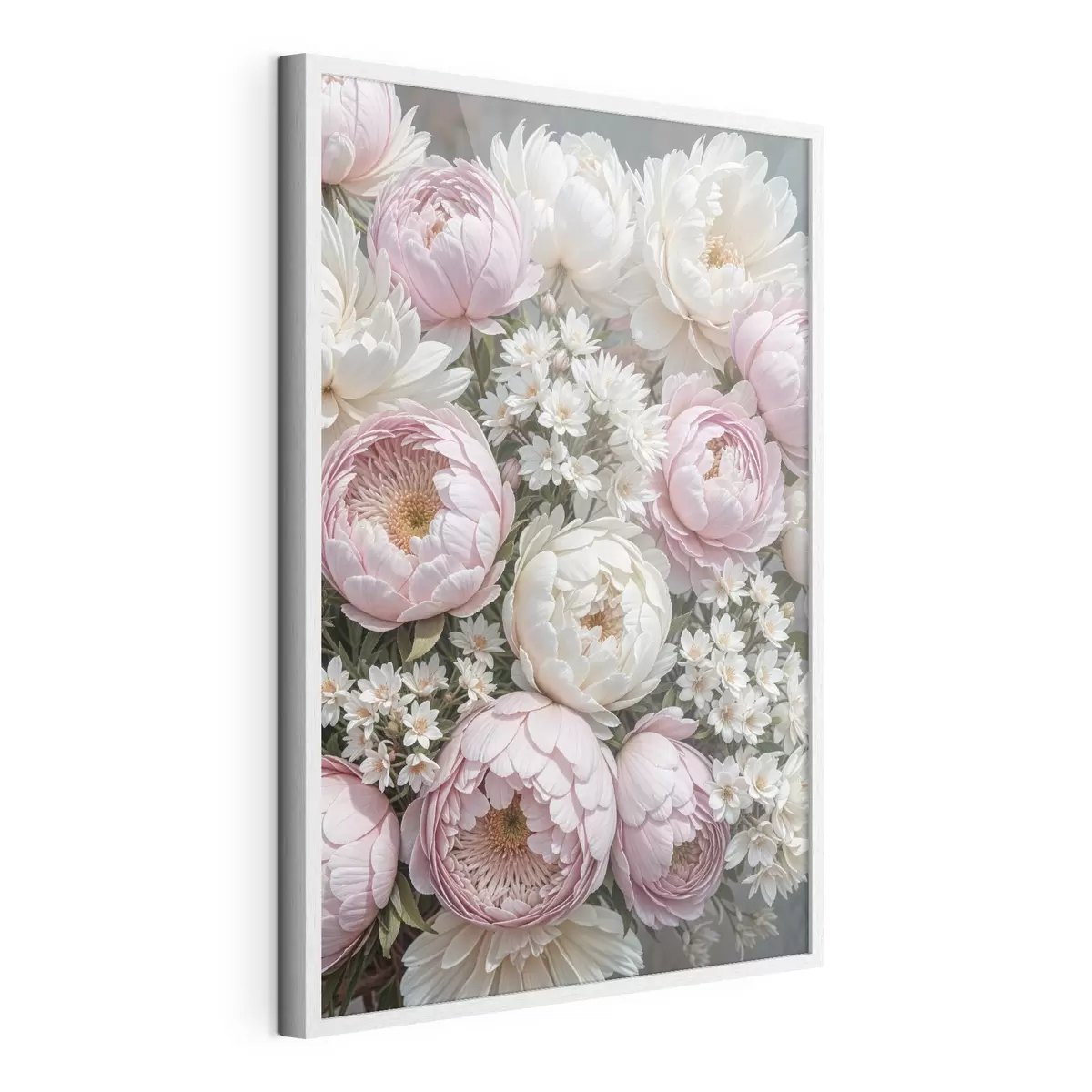 Poster Ein Strauß aus pastellrosa Pfingstrosen und weißen Gänseblümchen, arrangiert in einer schönen Blumenkomposition f41255