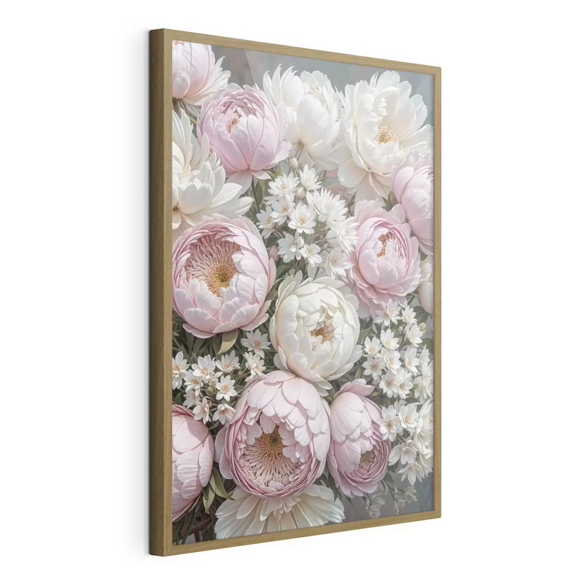 Poster Ein Strauß aus pastellrosa Pfingstrosen und weißen Gänseblümchen, arrangiert in einer schönen Blumenkomposition f41255