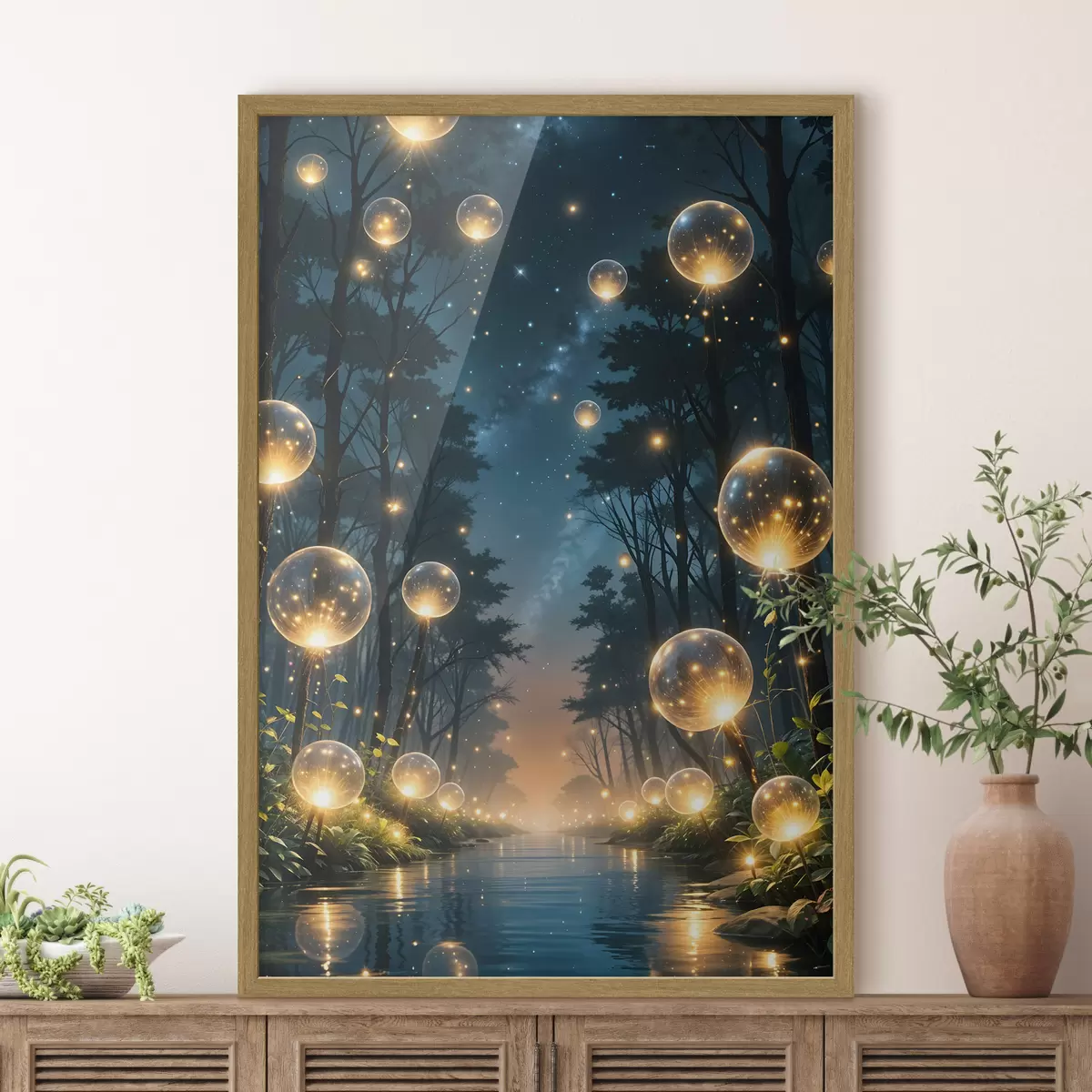 Poster Ein magischer Wald bei Nacht mit gelben Kugeln und Glühwürmchen, die zwischen den Bäumen schweben und eine skurrile Atmosphäre schaffen f41259