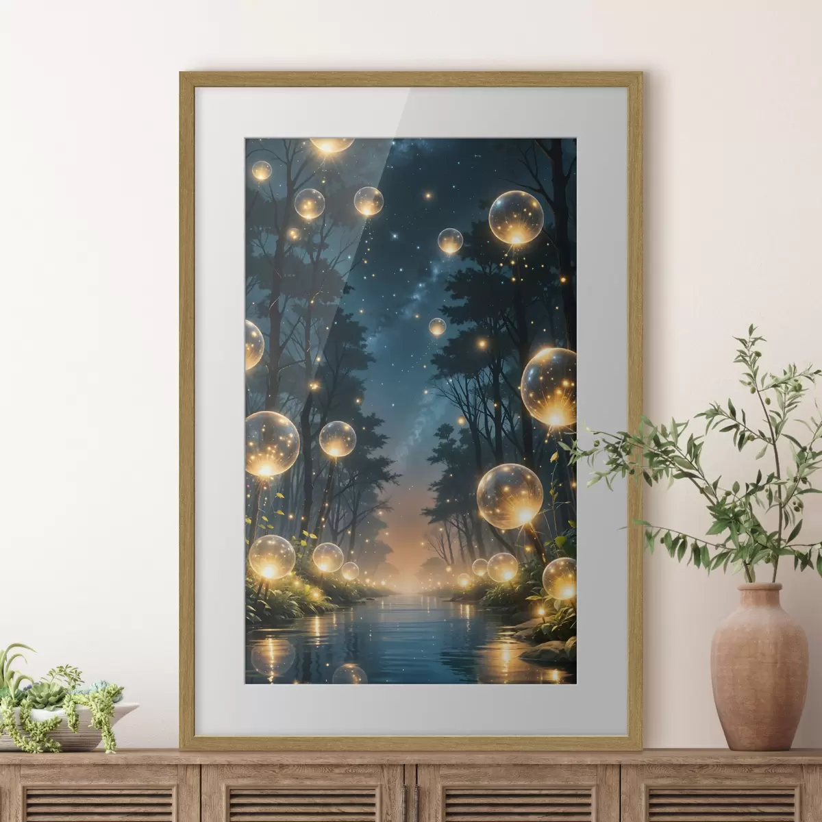 Poster Ein magischer Wald bei Nacht mit gelben Kugeln und Glühwürmchen, die zwischen den Bäumen schweben und eine skurrile Atmosphäre schaffen f41259