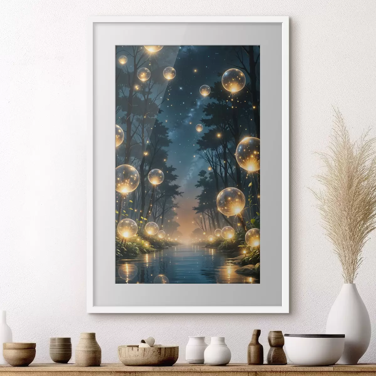Poster Ein magischer Wald bei Nacht mit gelben Kugeln und Glühwürmchen, die zwischen den Bäumen schweben und eine skurrile Atmosphäre schaffen f41259